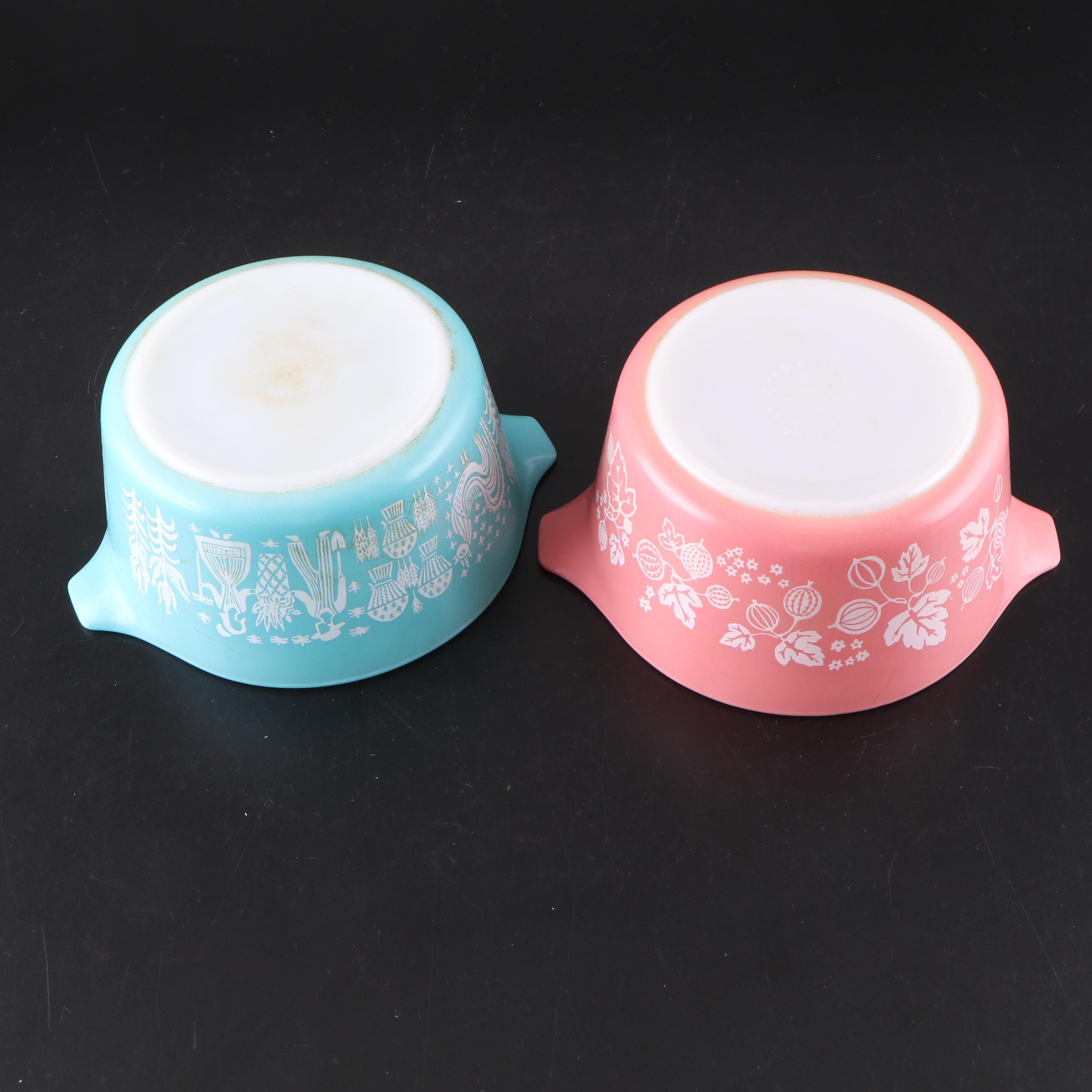 Pyrex "Butterprint" and "Gooseberry" with Other Glass Casseroles and Juicer