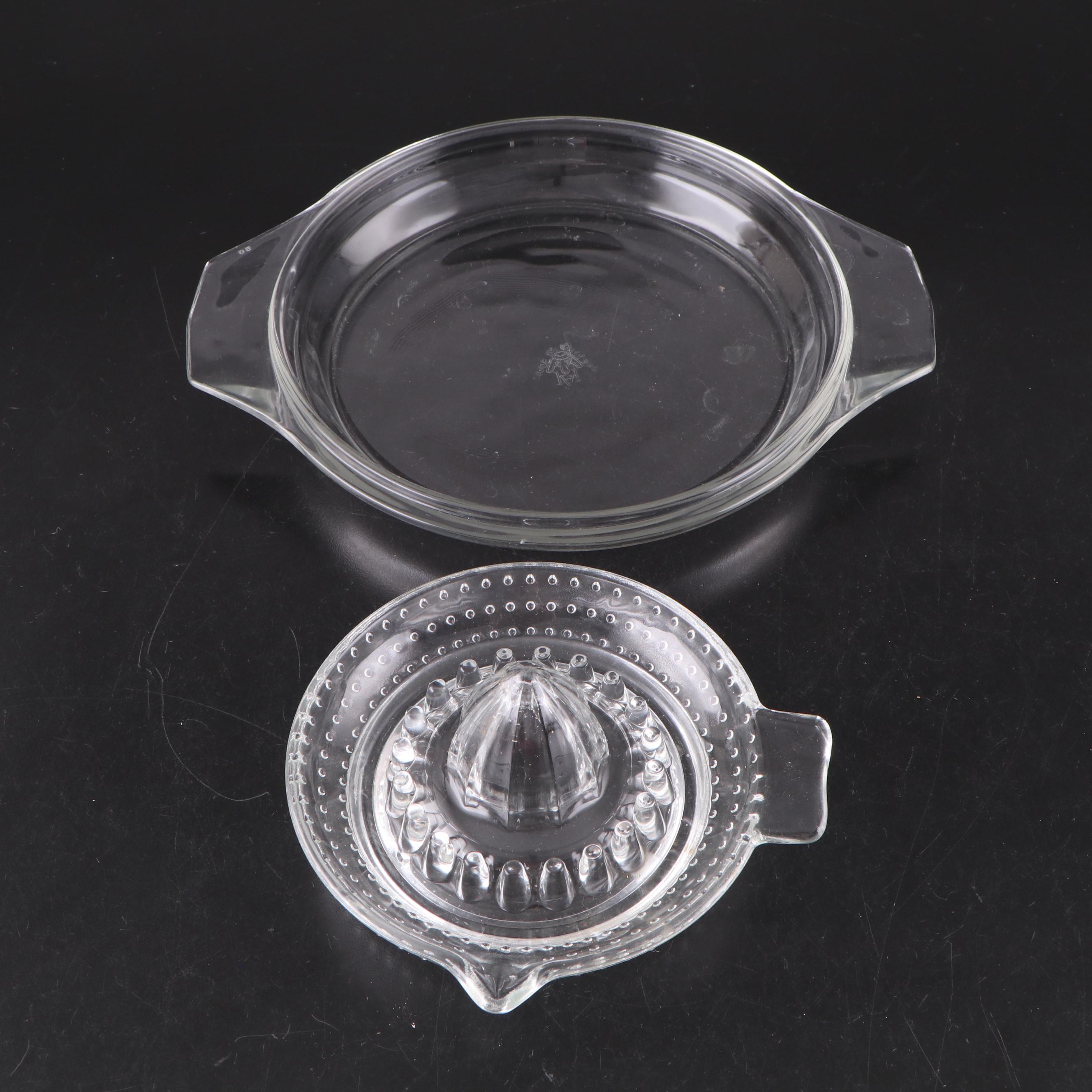 Pyrex "Butterprint" and "Gooseberry" with Other Glass Casseroles and Juicer