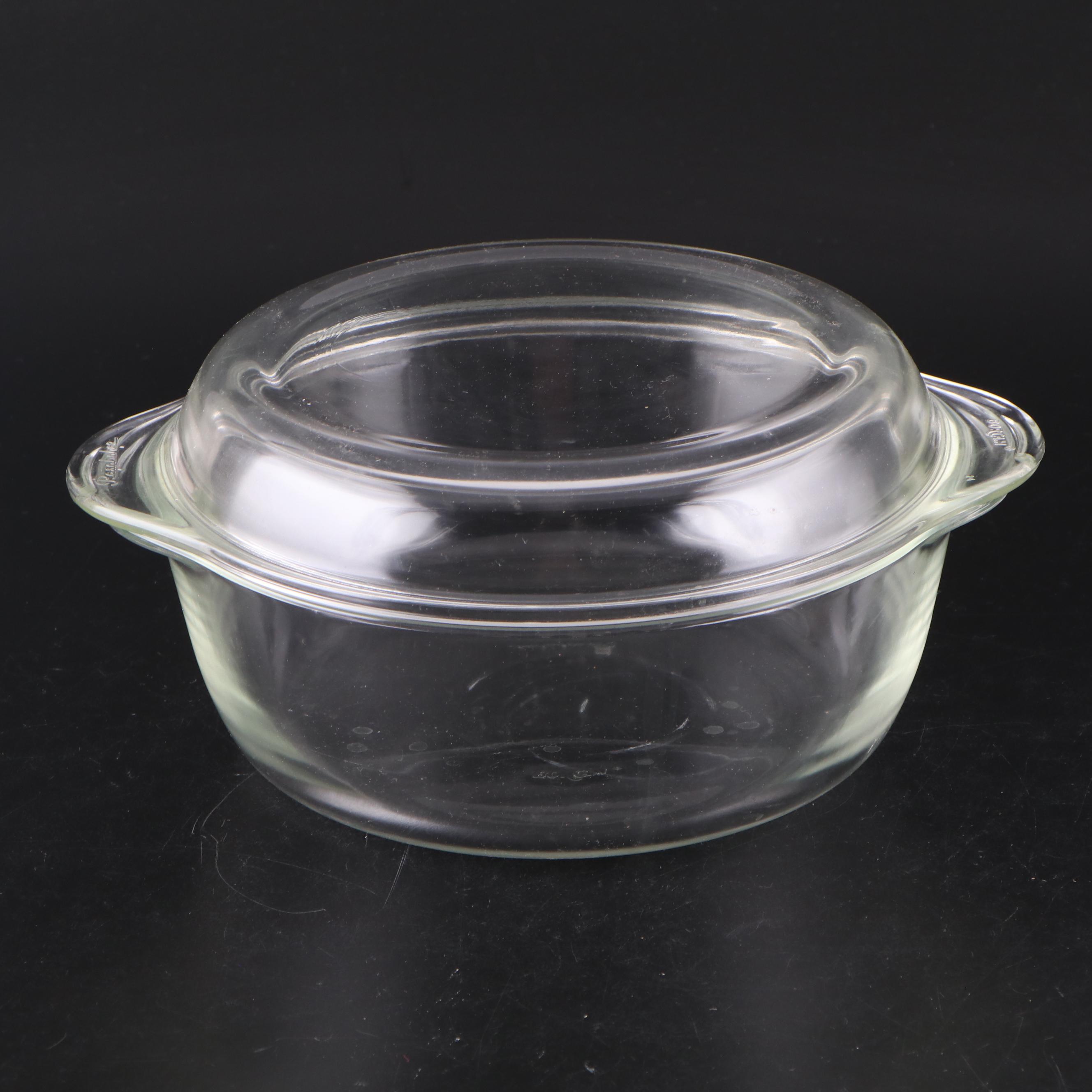 Pyrex "Butterprint" and "Gooseberry" with Other Glass Casseroles and Juicer