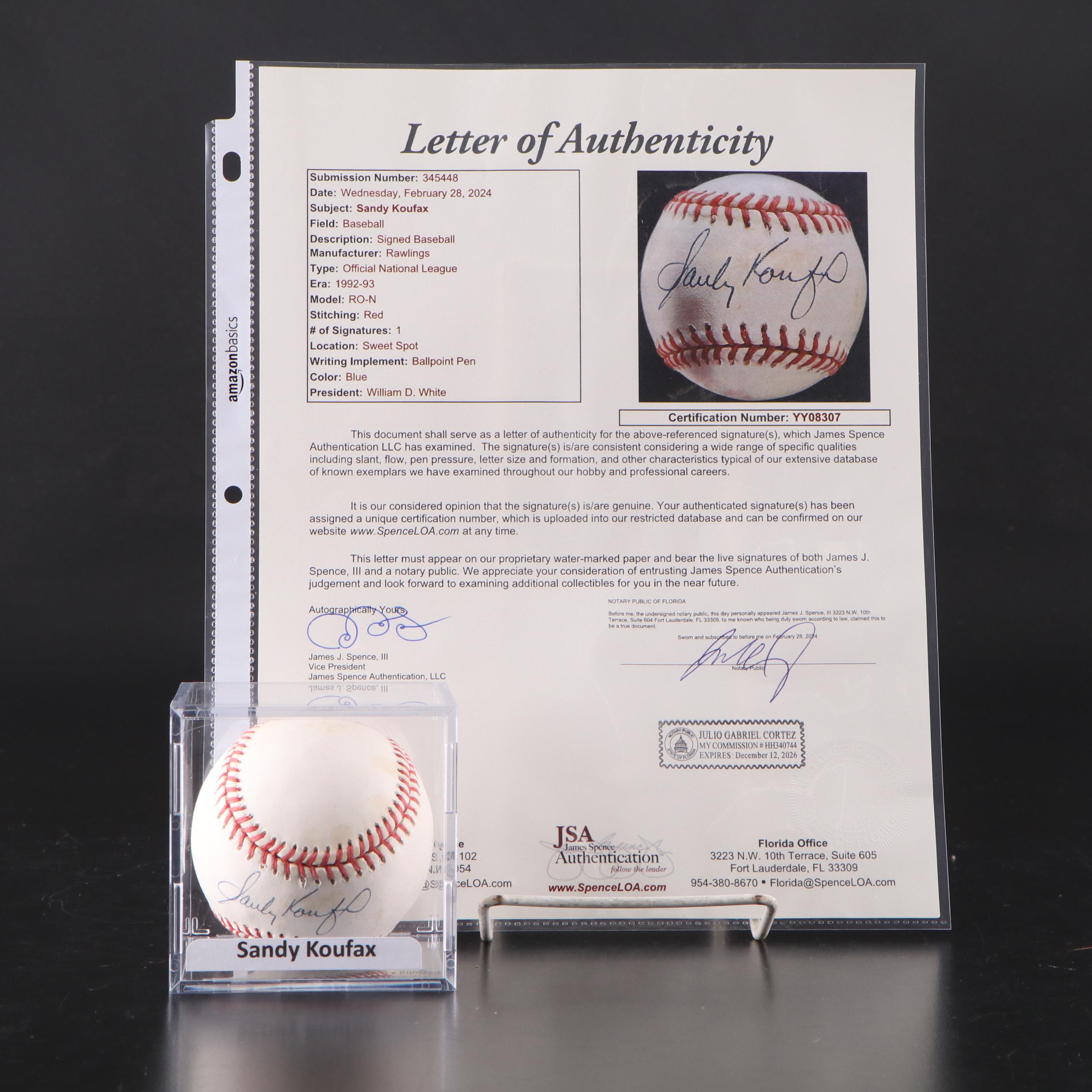Sandy Koufax Signed Rawlings Official National League Baseball with Display