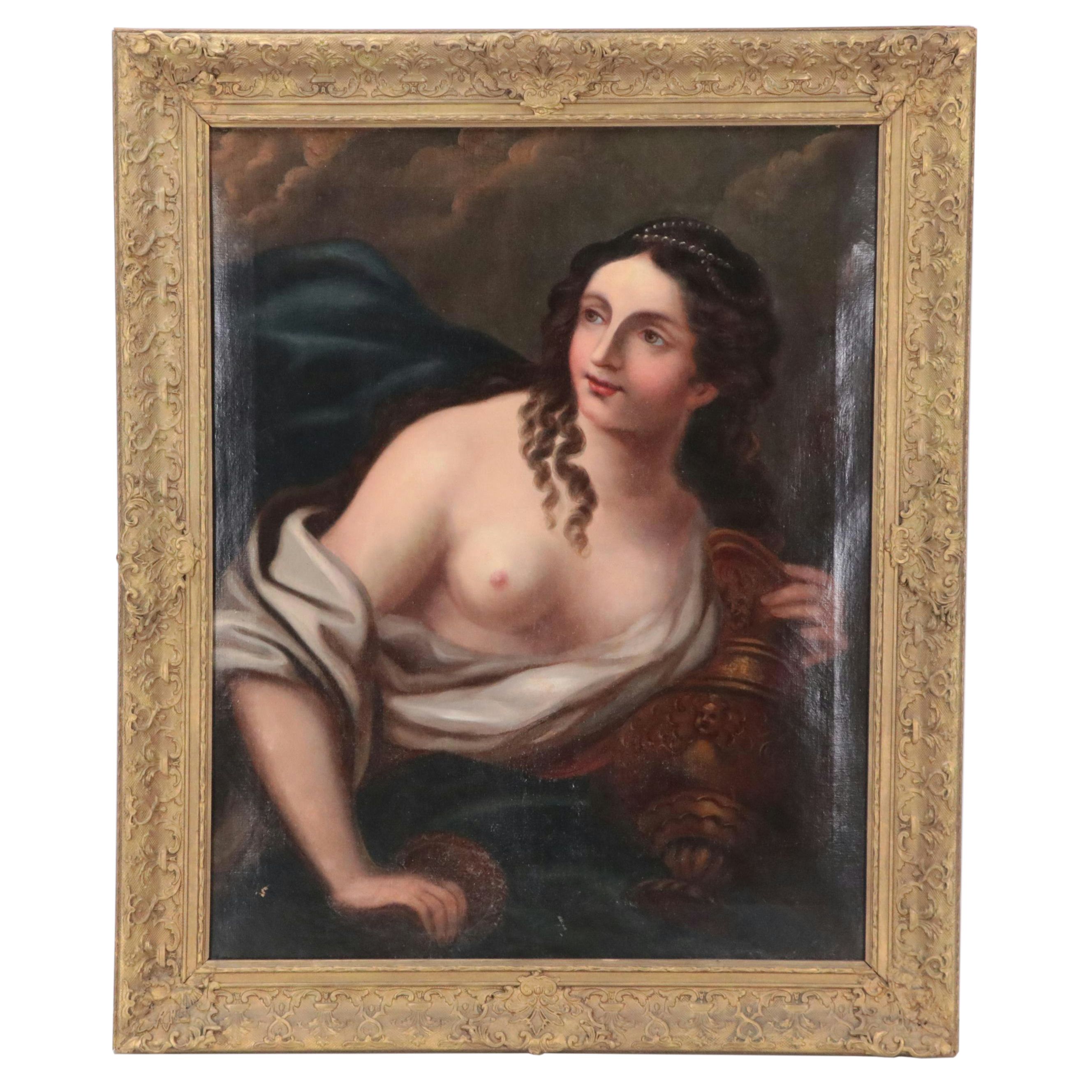 Oil Painting Portrait of Partially Nude Female, 19th Century