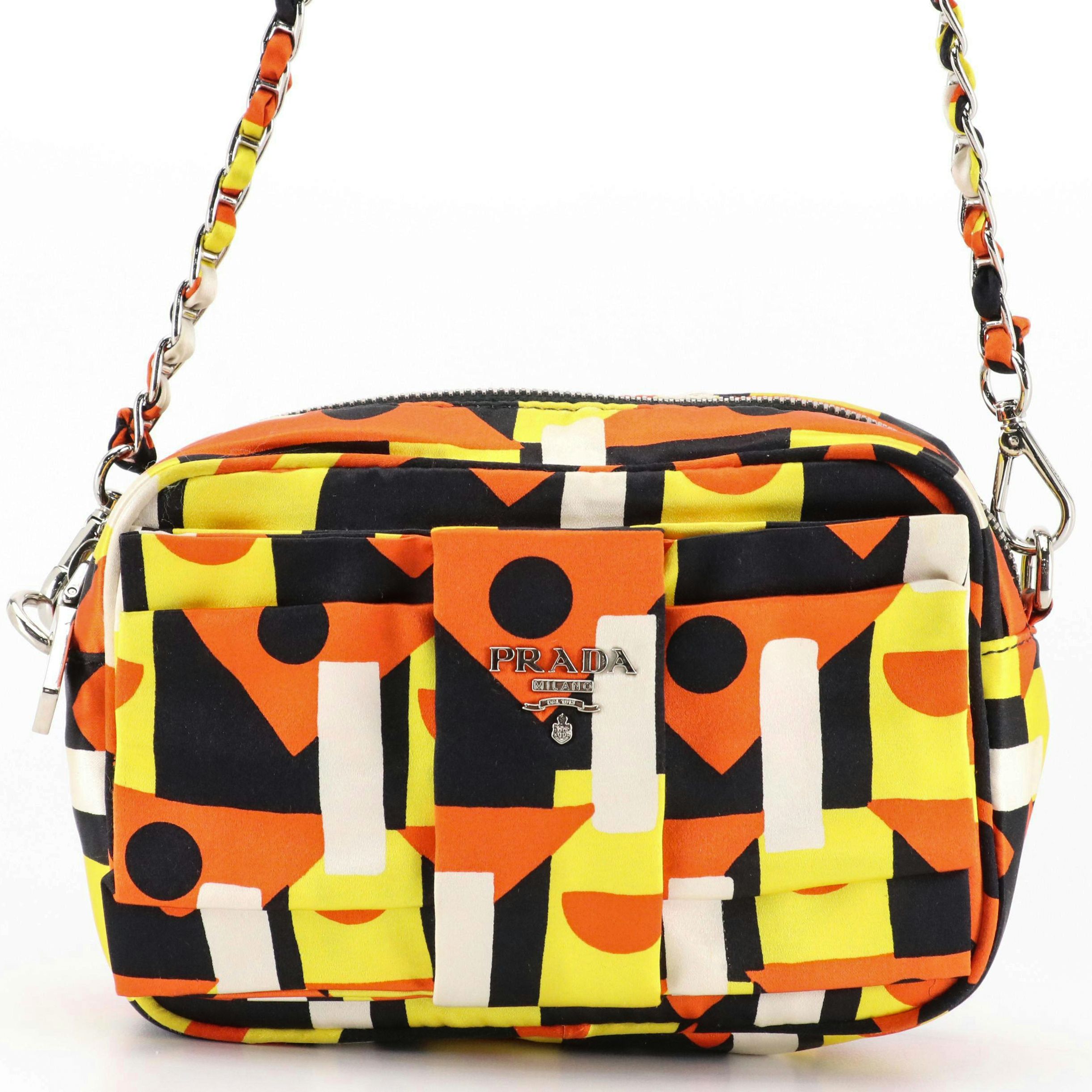Prada Bow Camera Crossbody Bag in Multicolored Print Satin