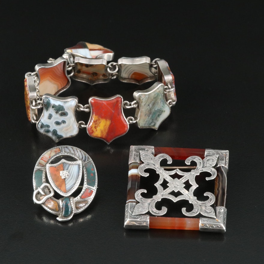 Scottish 850 Silver Shield Bracelet and Brooches Including Bloodstone and Agate