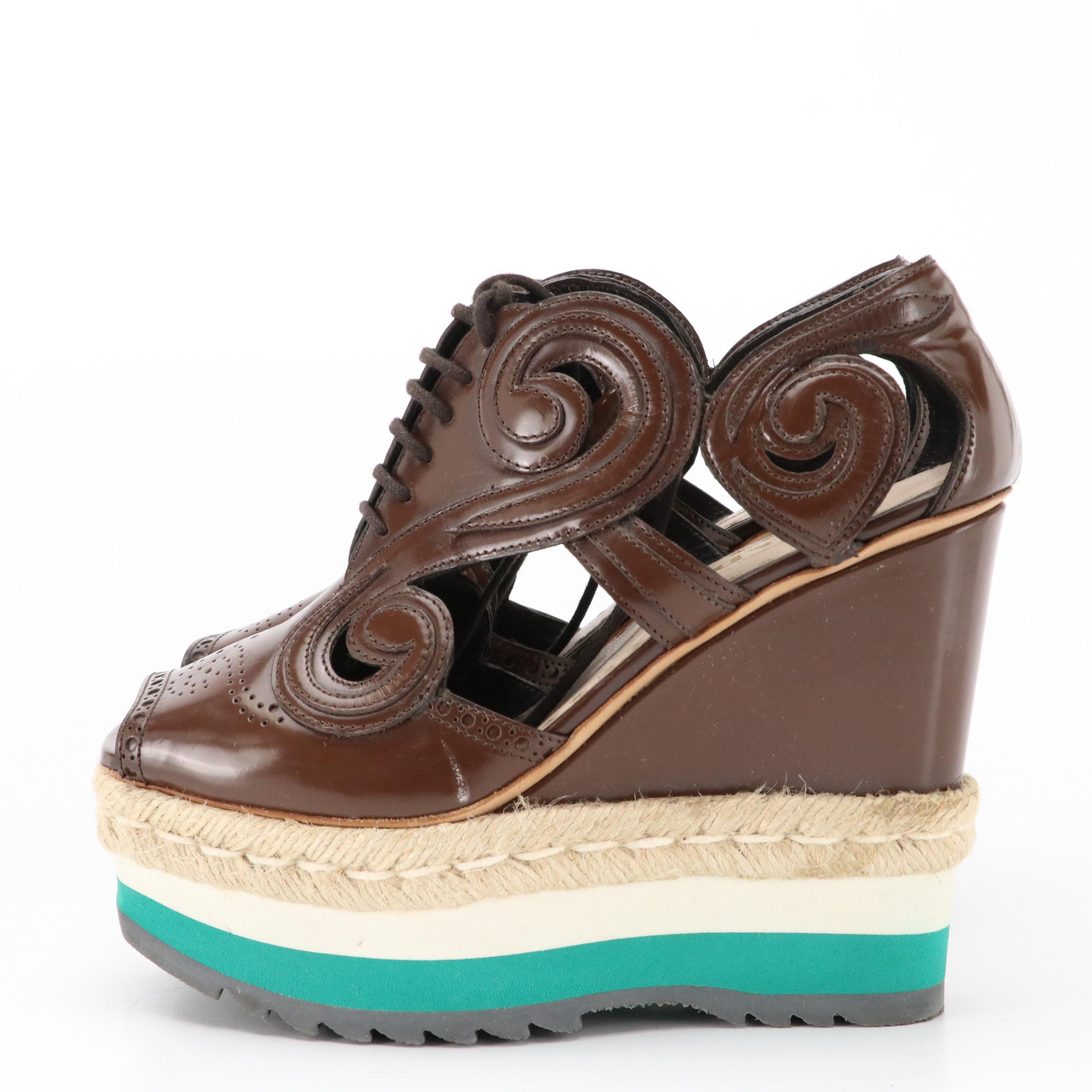 Prada Brown Laser-Cut-Out Leather Platform Lace-Up Wedges