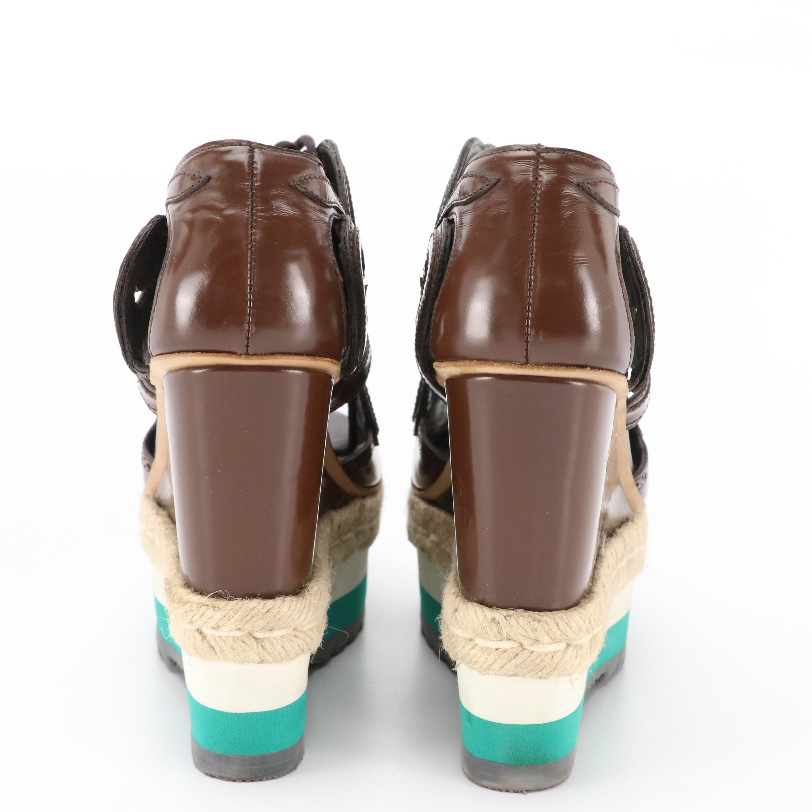 Prada Brown Laser-Cut-Out Leather Platform Lace-Up Wedges