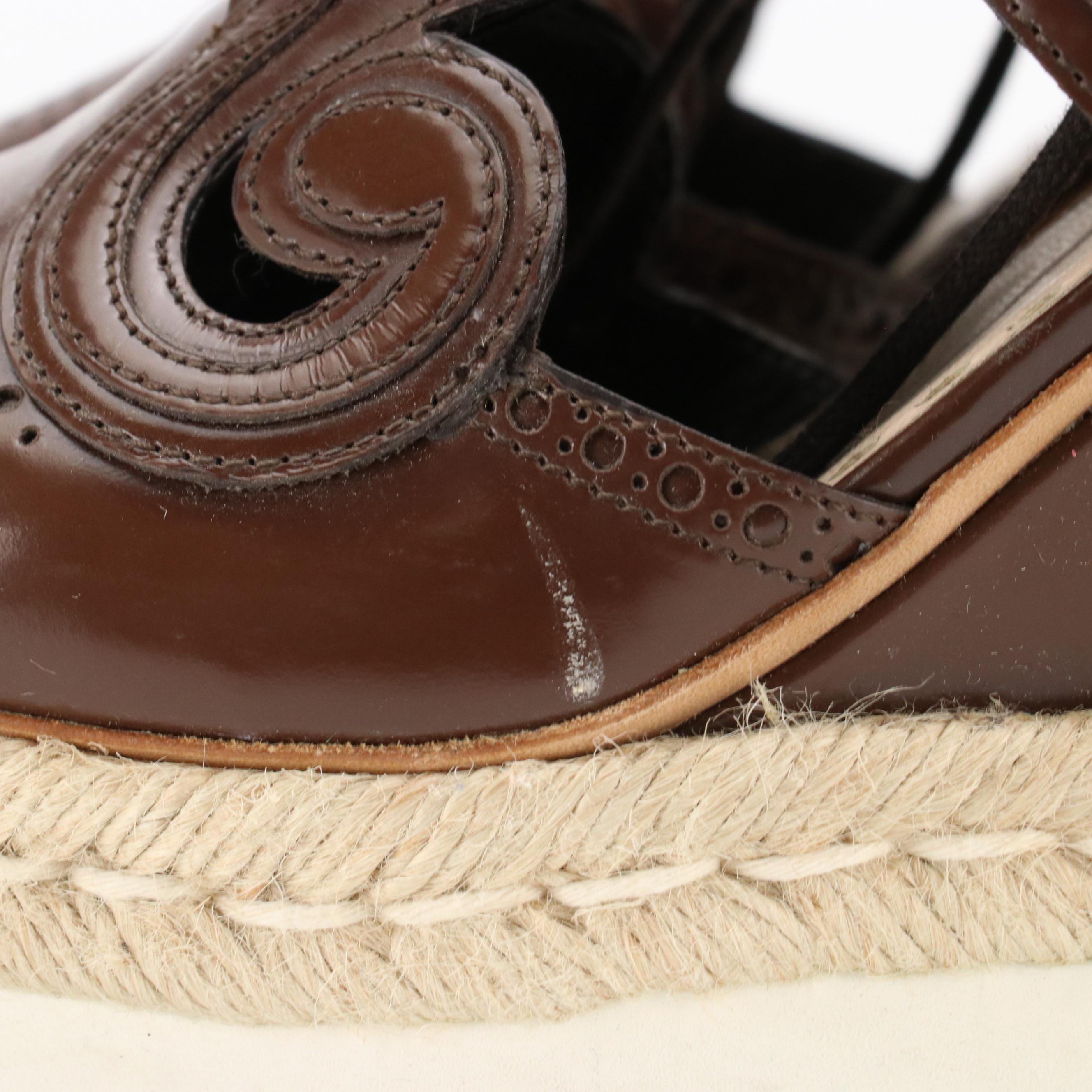 Prada Brown Laser-Cut-Out Leather Platform Lace-Up Wedges