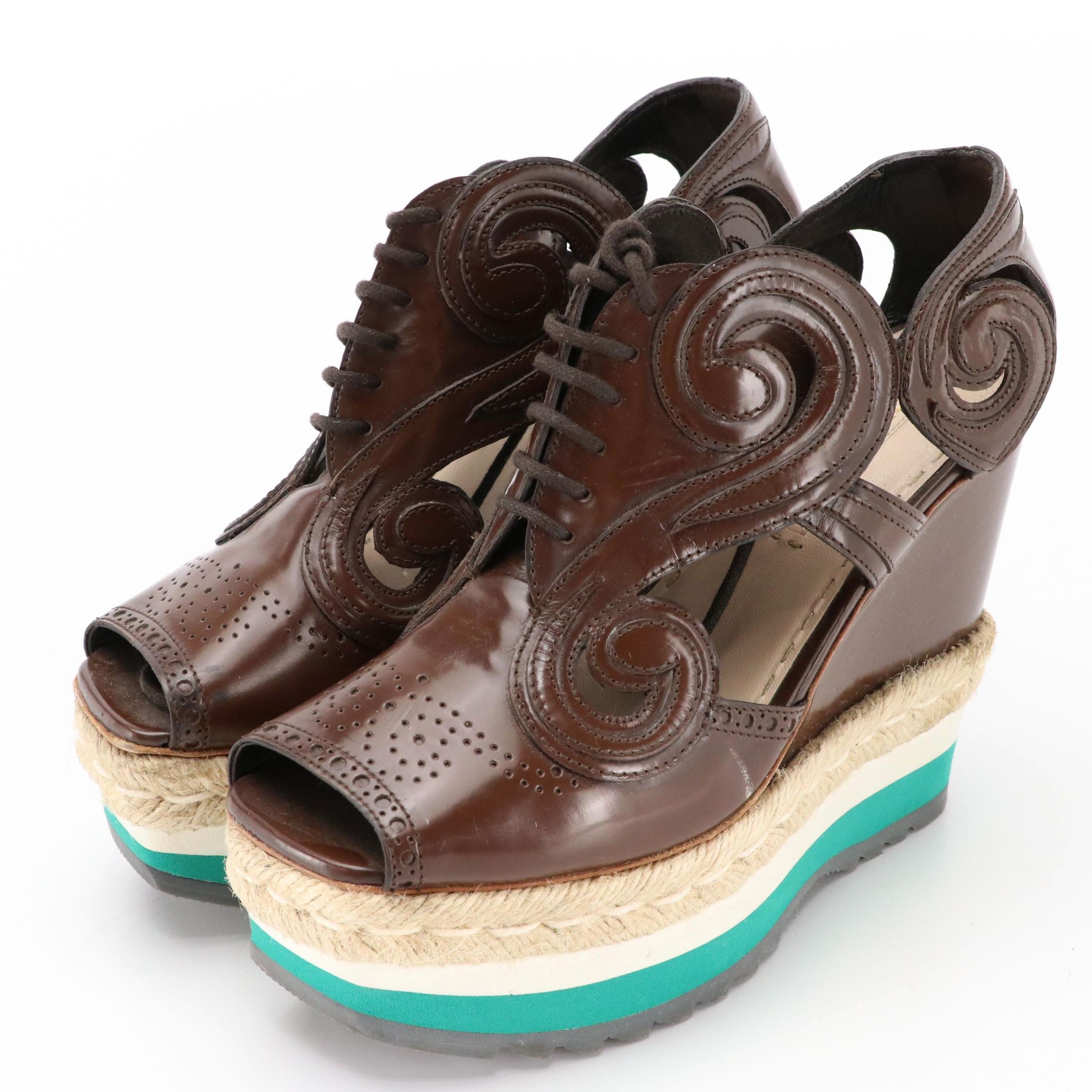 Prada Brown Laser-Cut-Out Leather Platform Lace-Up Wedges