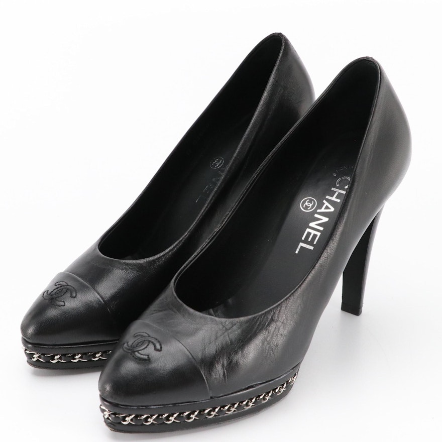 Chanel Black Lambskin Leather CC Cap Toe Pumps with Interlaced Chain Accent