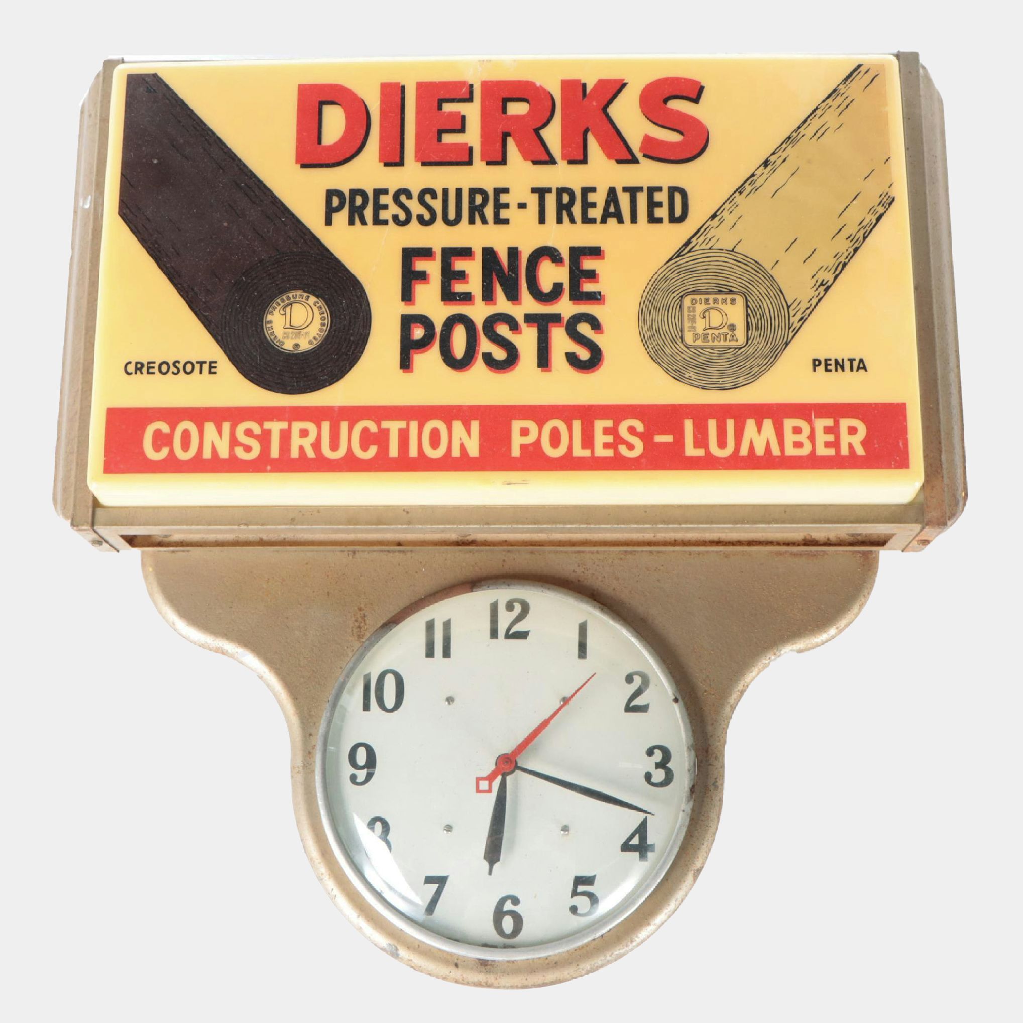 Dierks Fence Posts Illuminated Advertising Sign Clock, Mid to Late 20th Century