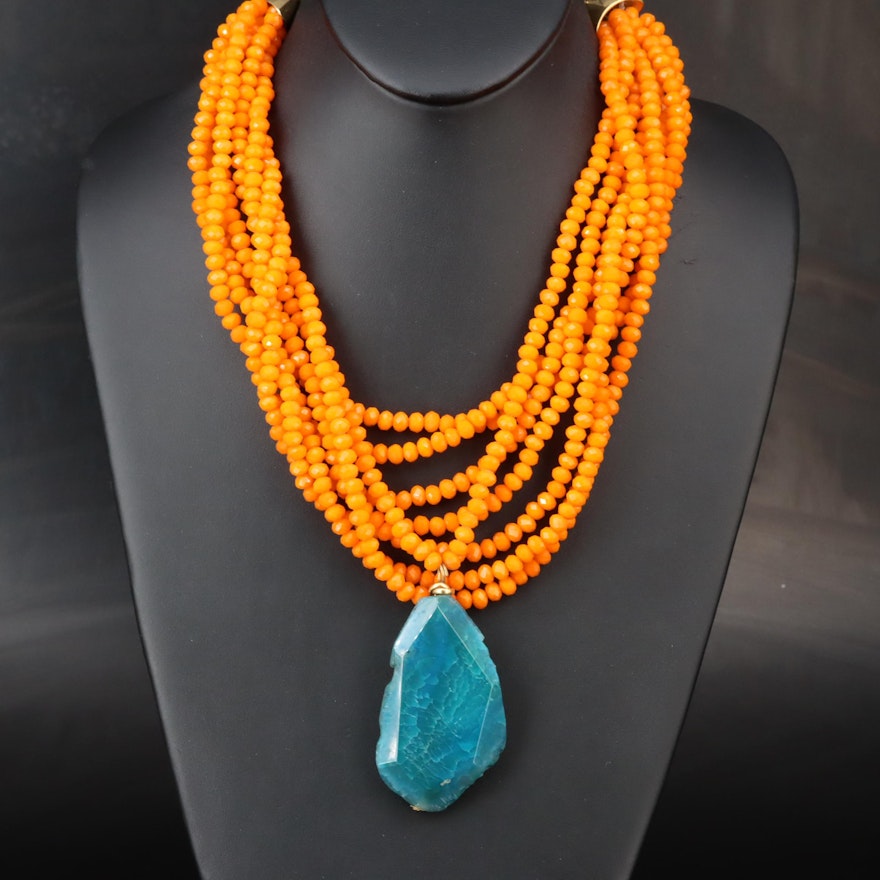 Multi Strand Glass Bead and Agate Pendant Necklace