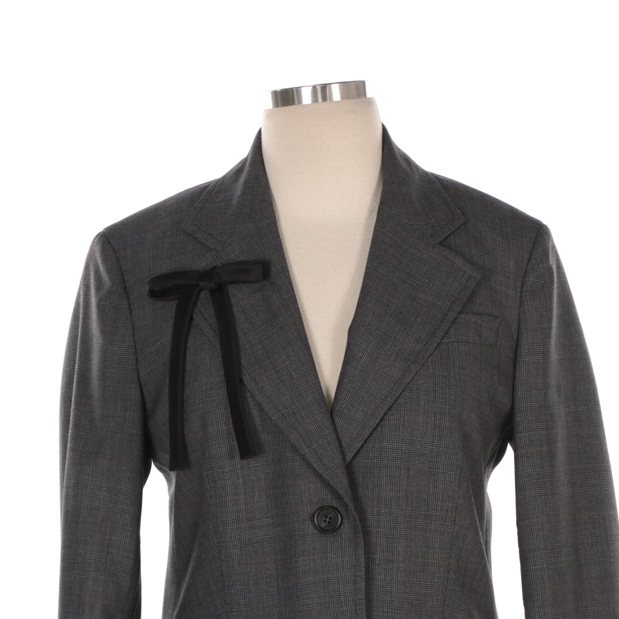 Prada Two-Button Plaid Blazer with Satin Bow