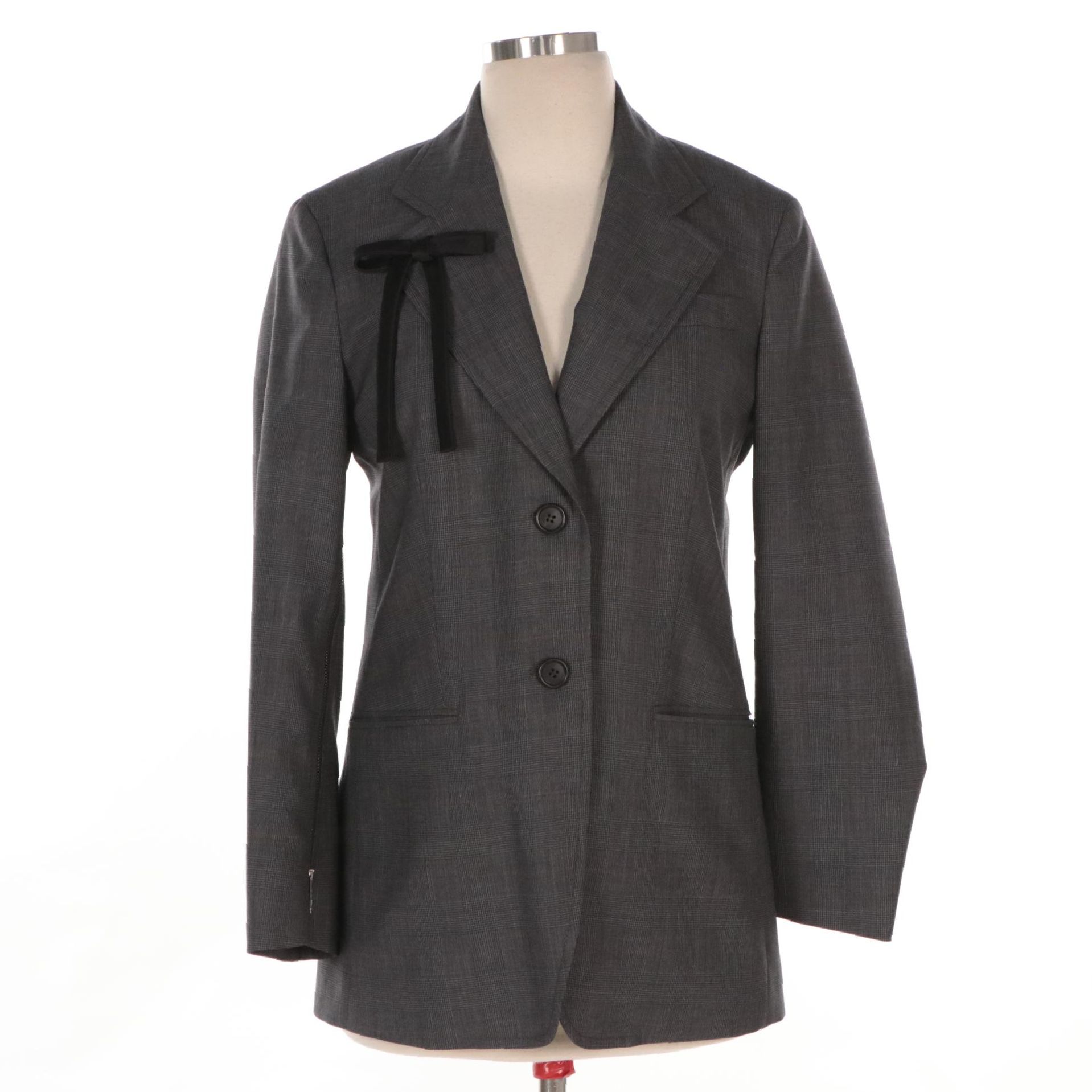 Prada Two-Button Plaid Blazer with Satin Bow