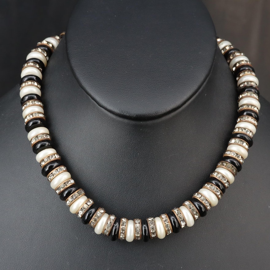 Sterling Rhinestone, Faux Pearl and Glass Bead Necklace