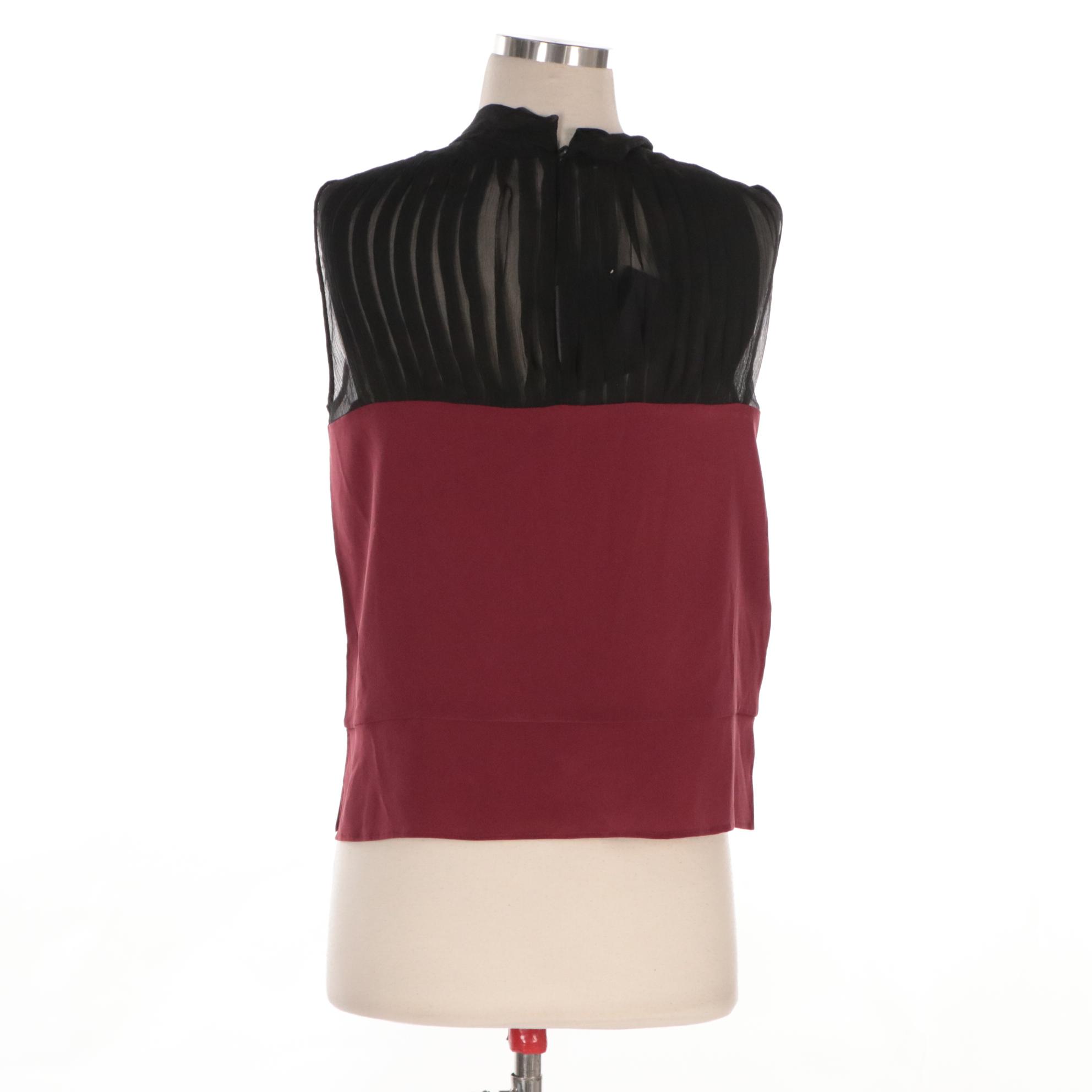 Prada Silk Chiffon Sleeveless Blouse with Pleated Detail and Tie Sash, NWT