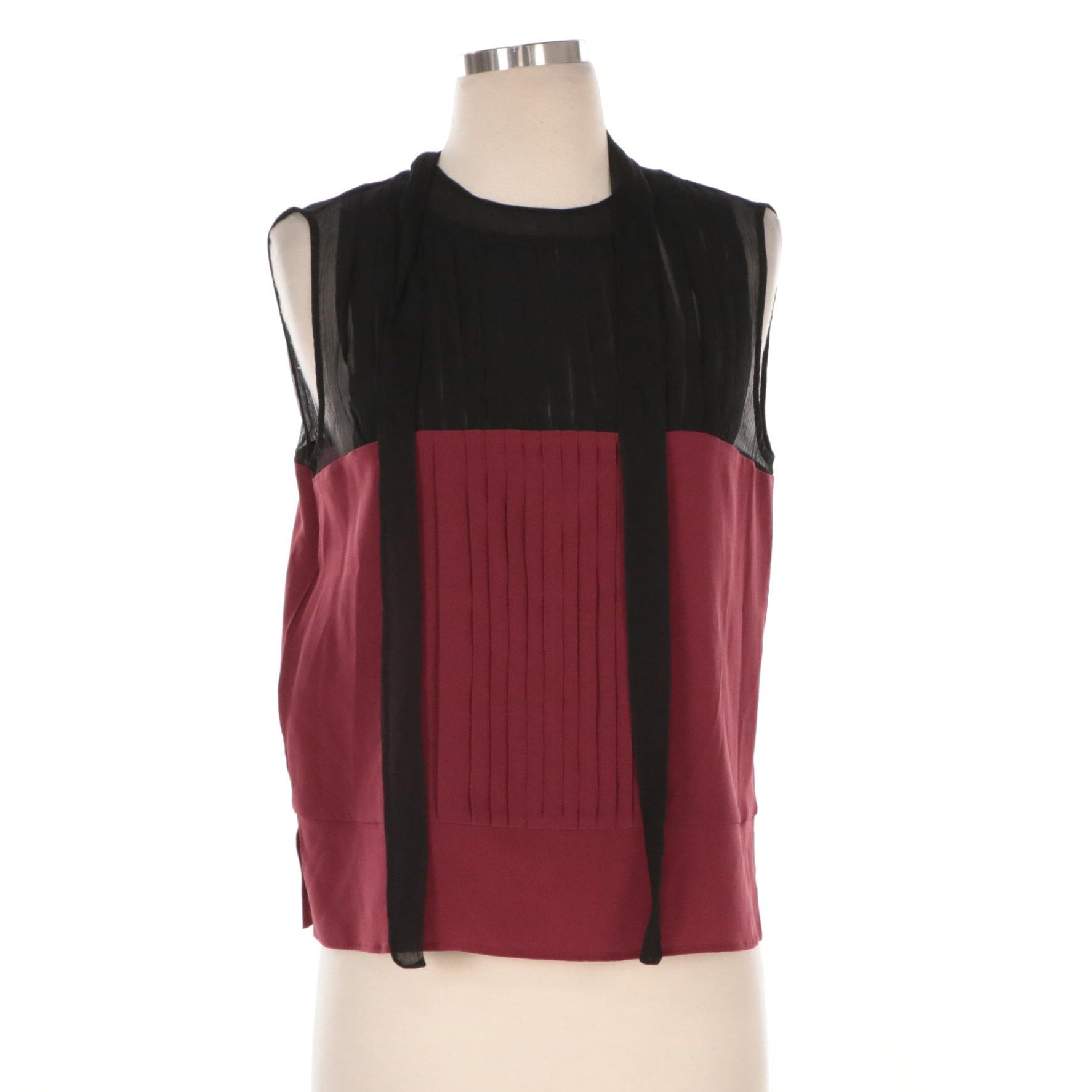 Prada Silk Chiffon Sleeveless Blouse with Pleated Detail and Tie Sash, NWT