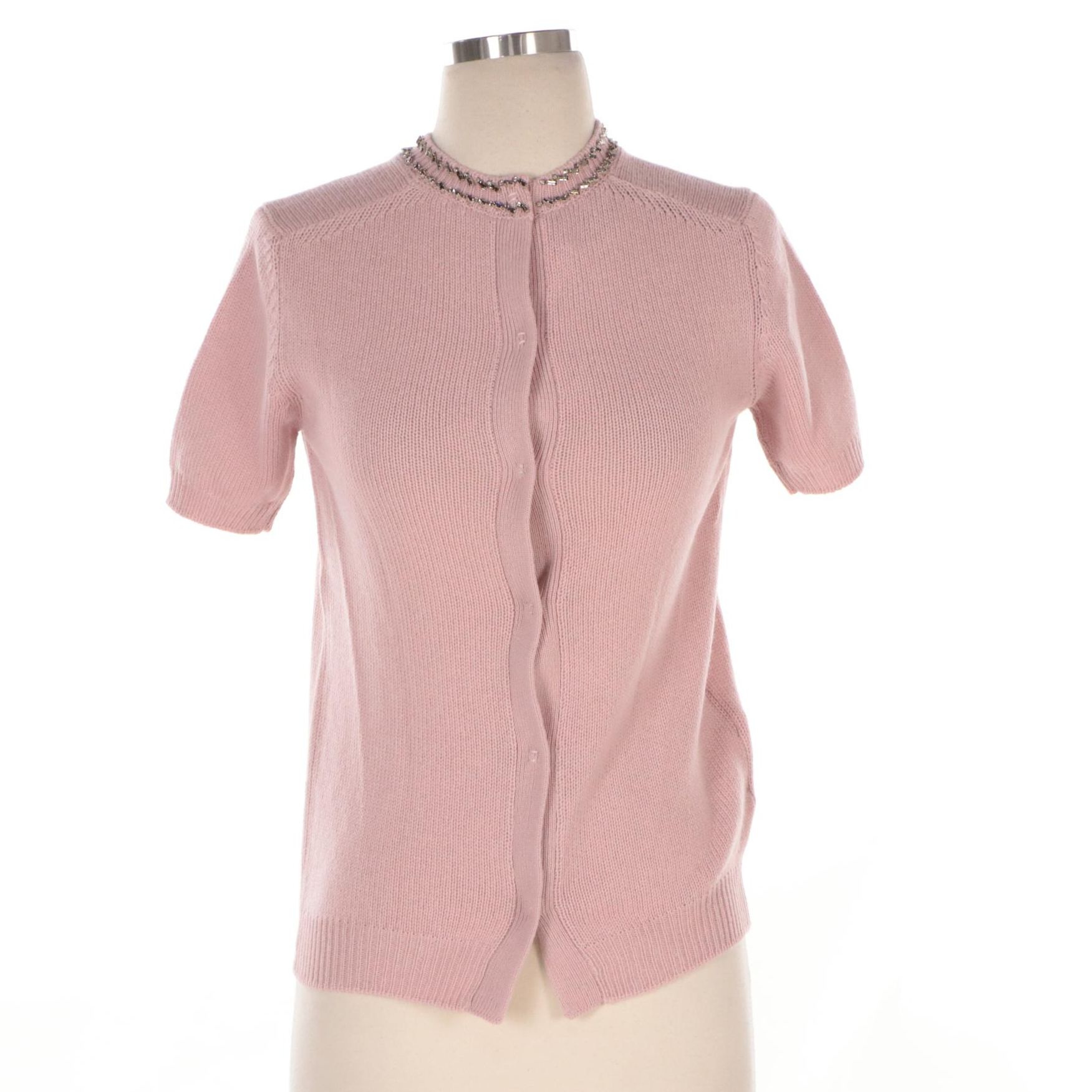 Prada Crystal Embellished Pink Cashmere Knit Top