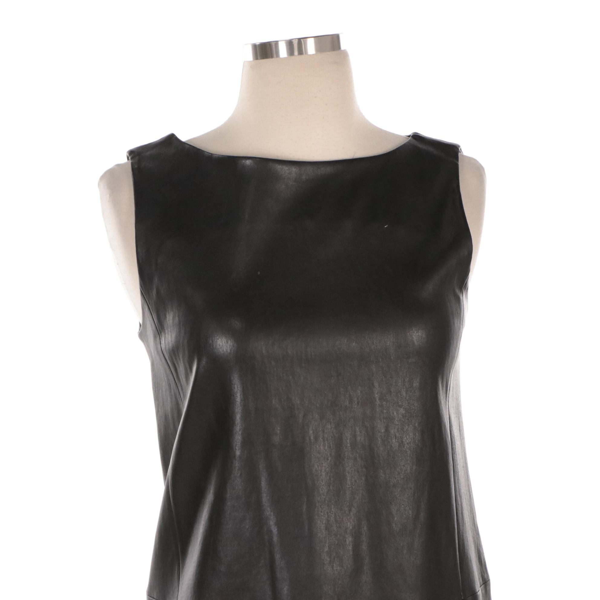 Prada Black Lambskin Leather Knee-Length Sleeveless Shift Dress