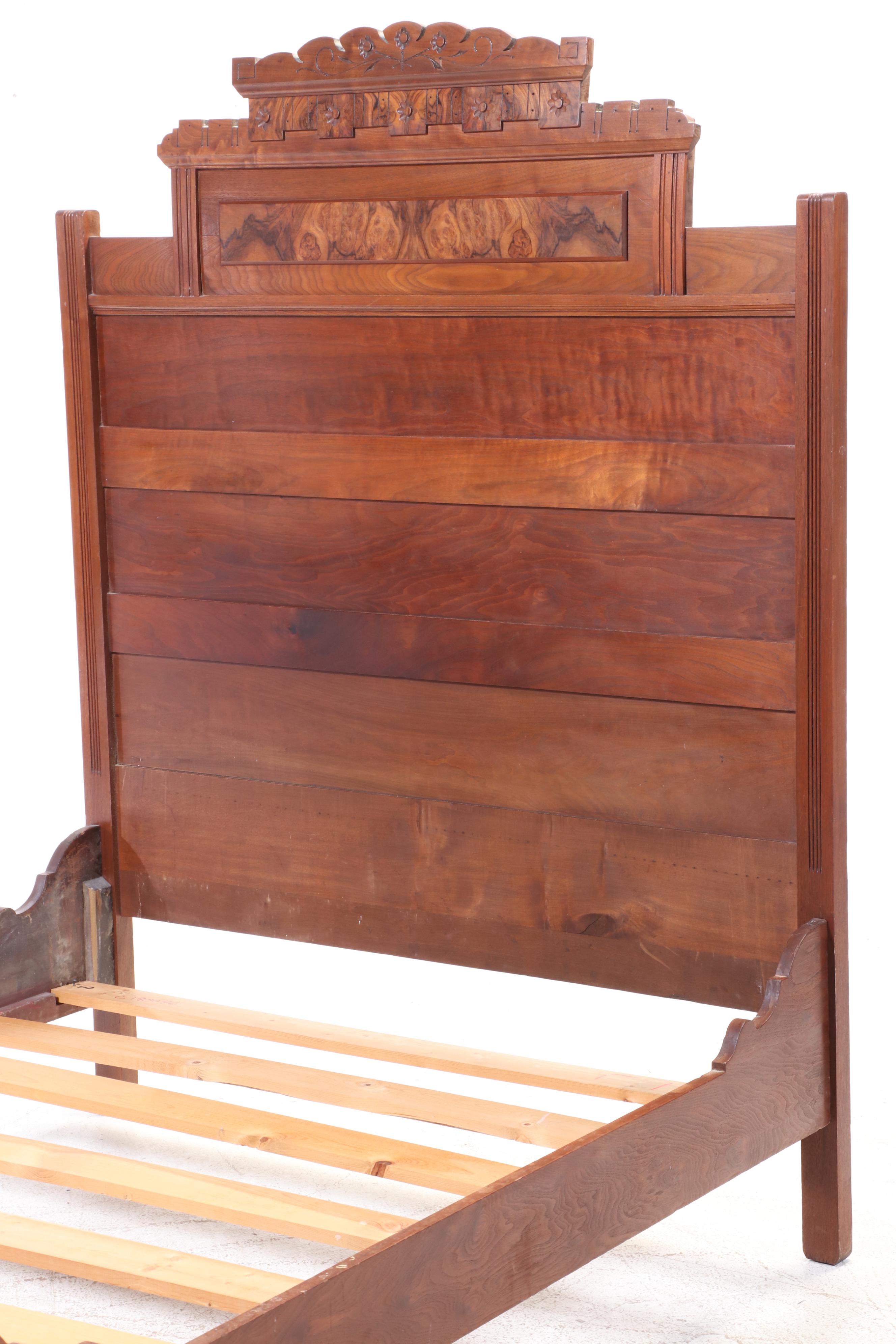 Victorian Walnut and Burl Walnut Full Size Bed Frame, Late 19th Century