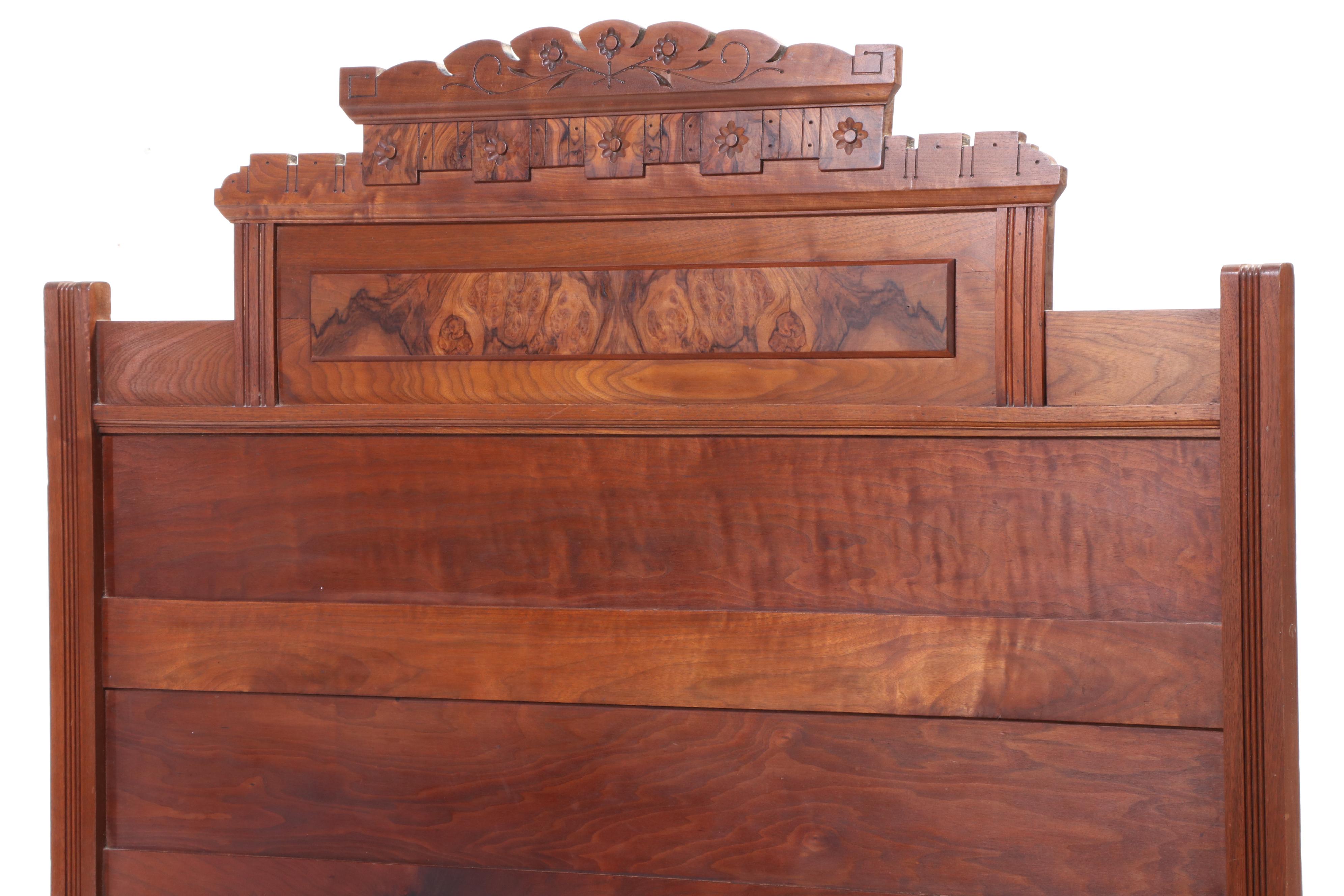 Victorian Walnut and Burl Walnut Full Size Bed Frame, Late 19th Century