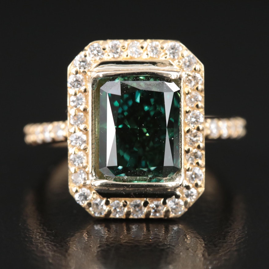 18K 3.47 CTW Diamond Ring with Lab Grown Fancy Green Center