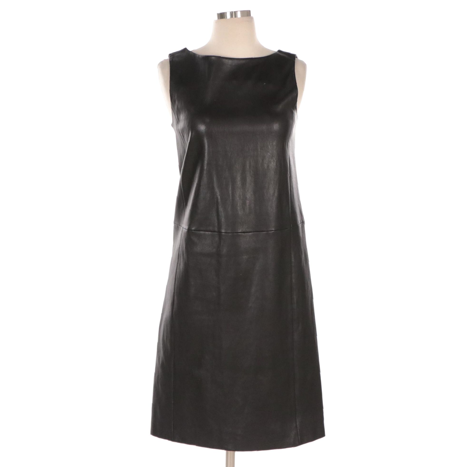 Prada Black Lambskin Leather Knee-Length Sleeveless Shift Dress
