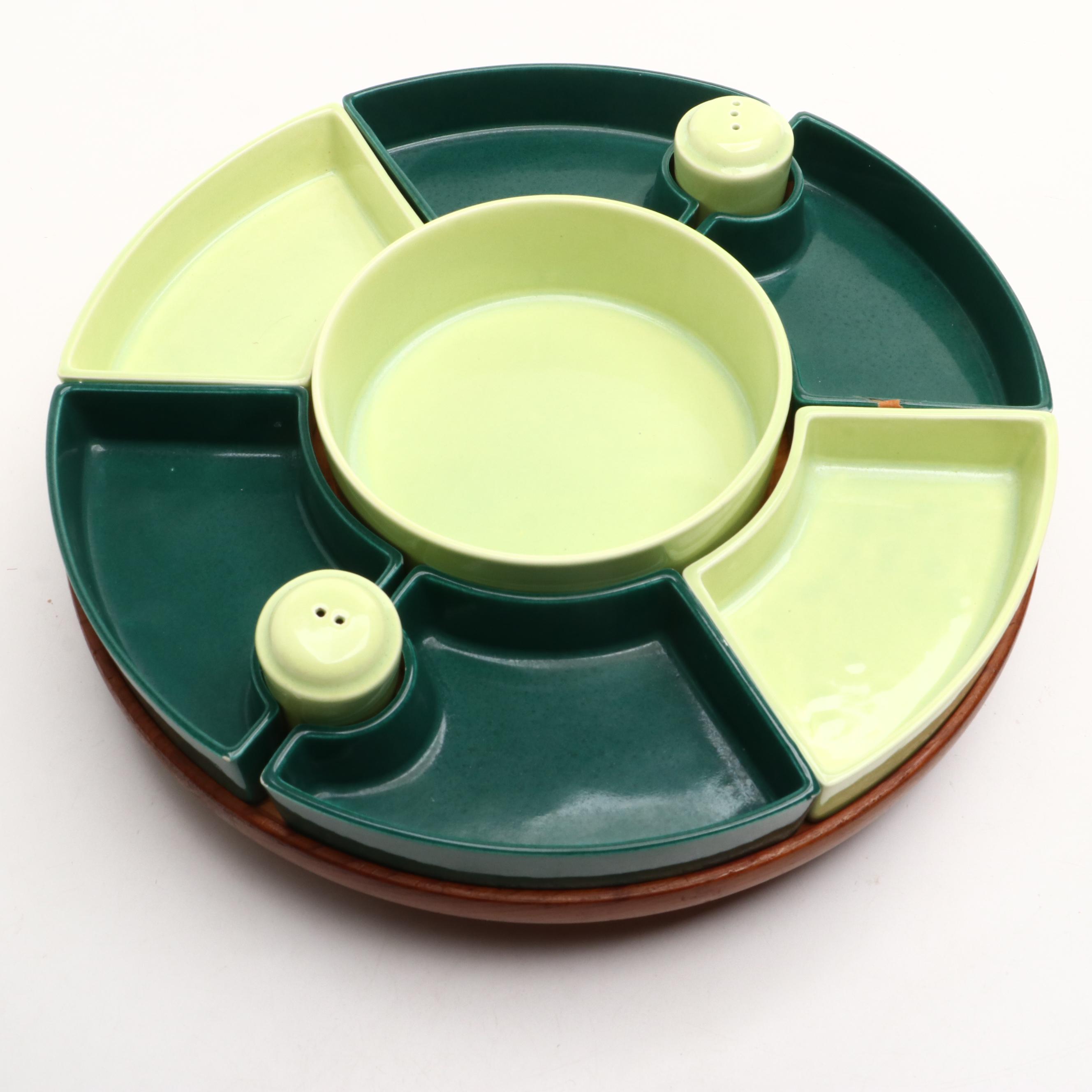 Glaze Ceramic Chip and Dip Set with Finished Wood Lazy Susan and More