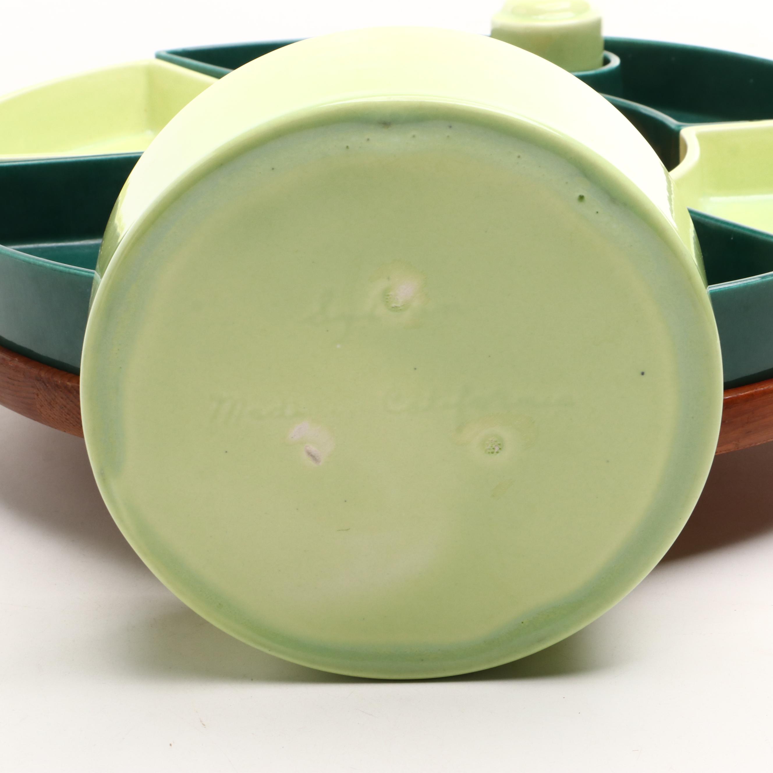 Glaze Ceramic Chip and Dip Set with Finished Wood Lazy Susan and More