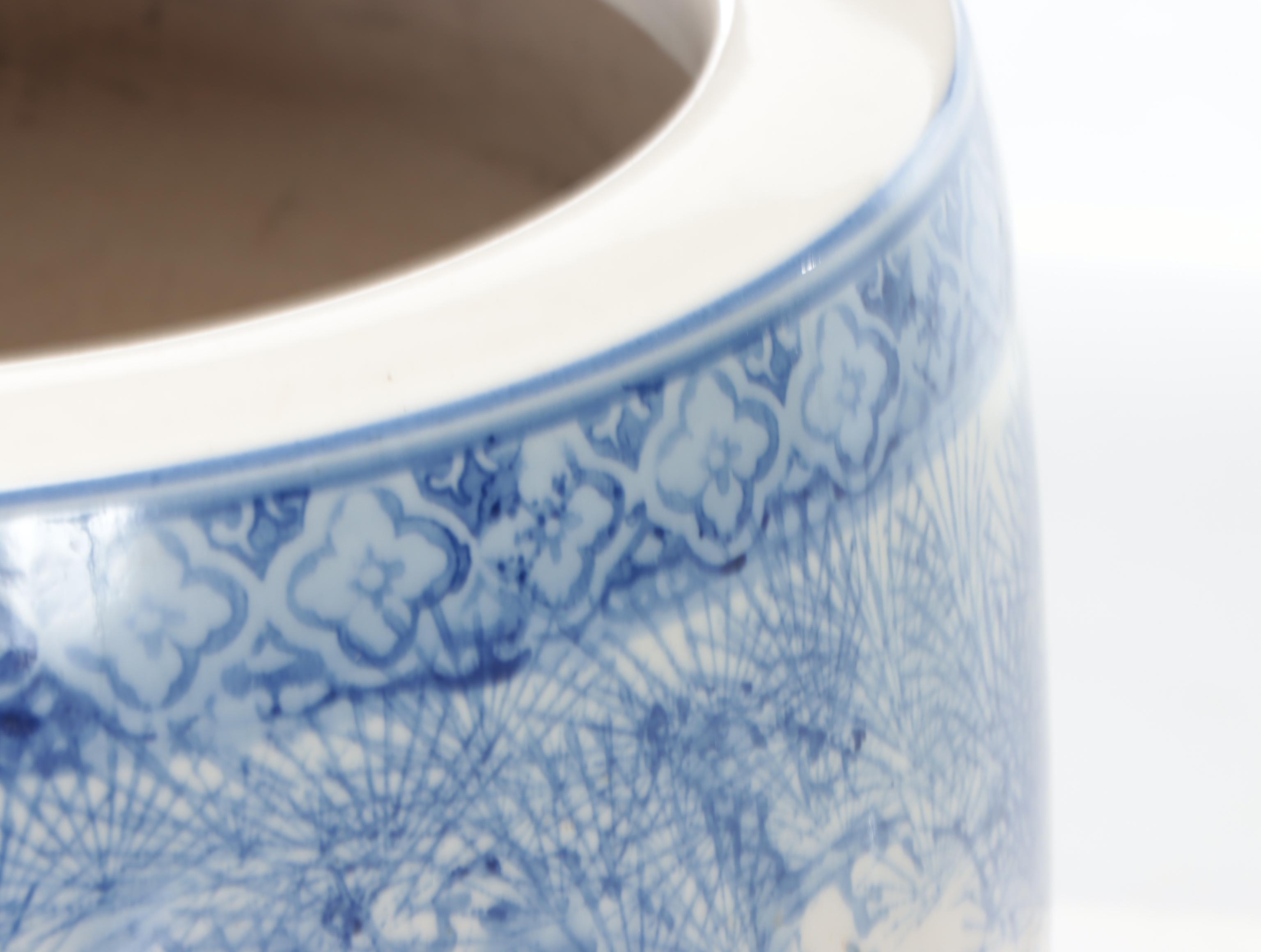 Japanese Blue and White Ceramic Hibachi Pot with Pine Tree Motif