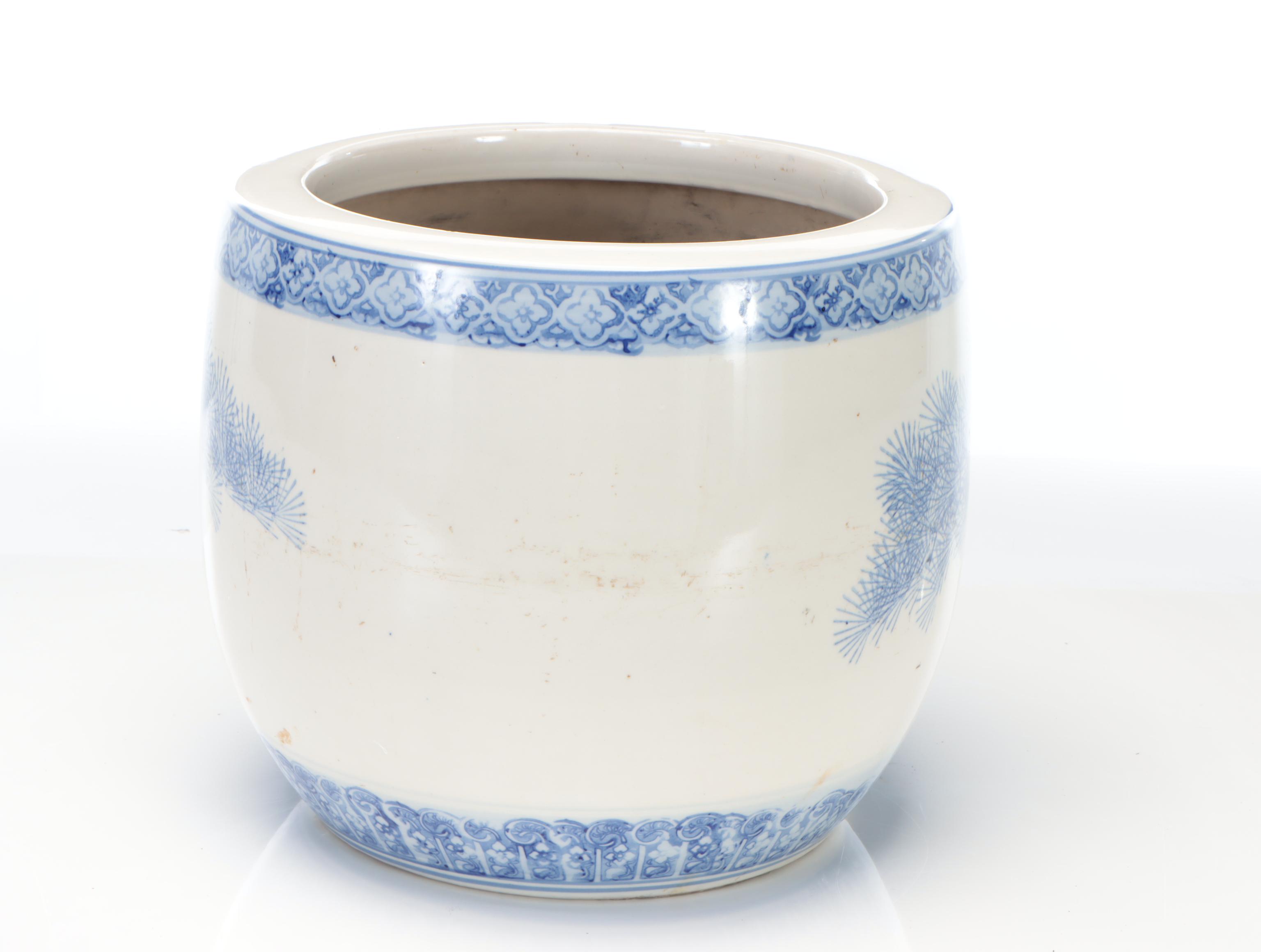 Japanese Blue and White Ceramic Hibachi Pot with Pine Tree Motif