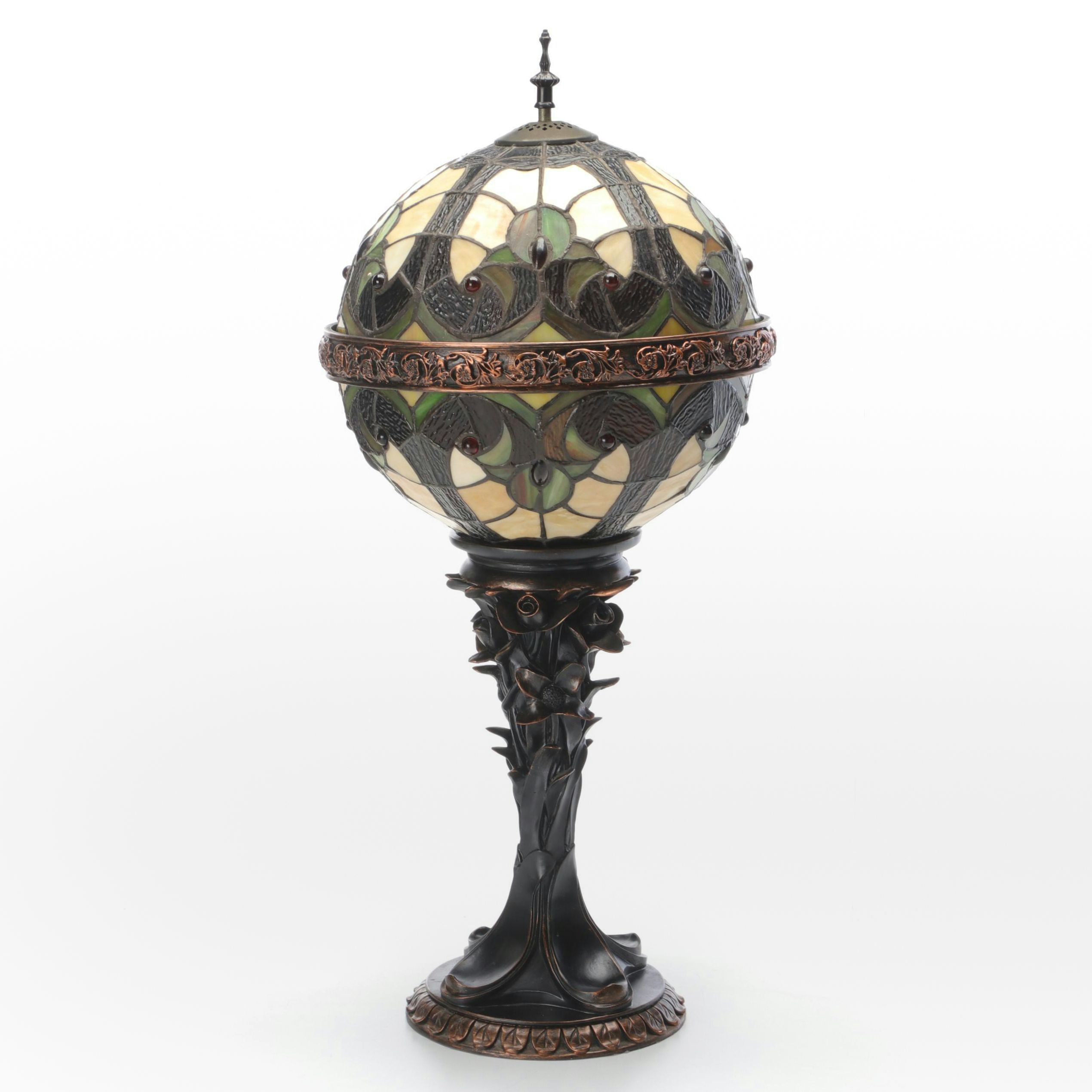 Art Nouveau Style Orb Slag Glass and Bronzed Resin Table Lamp,  Contemporary