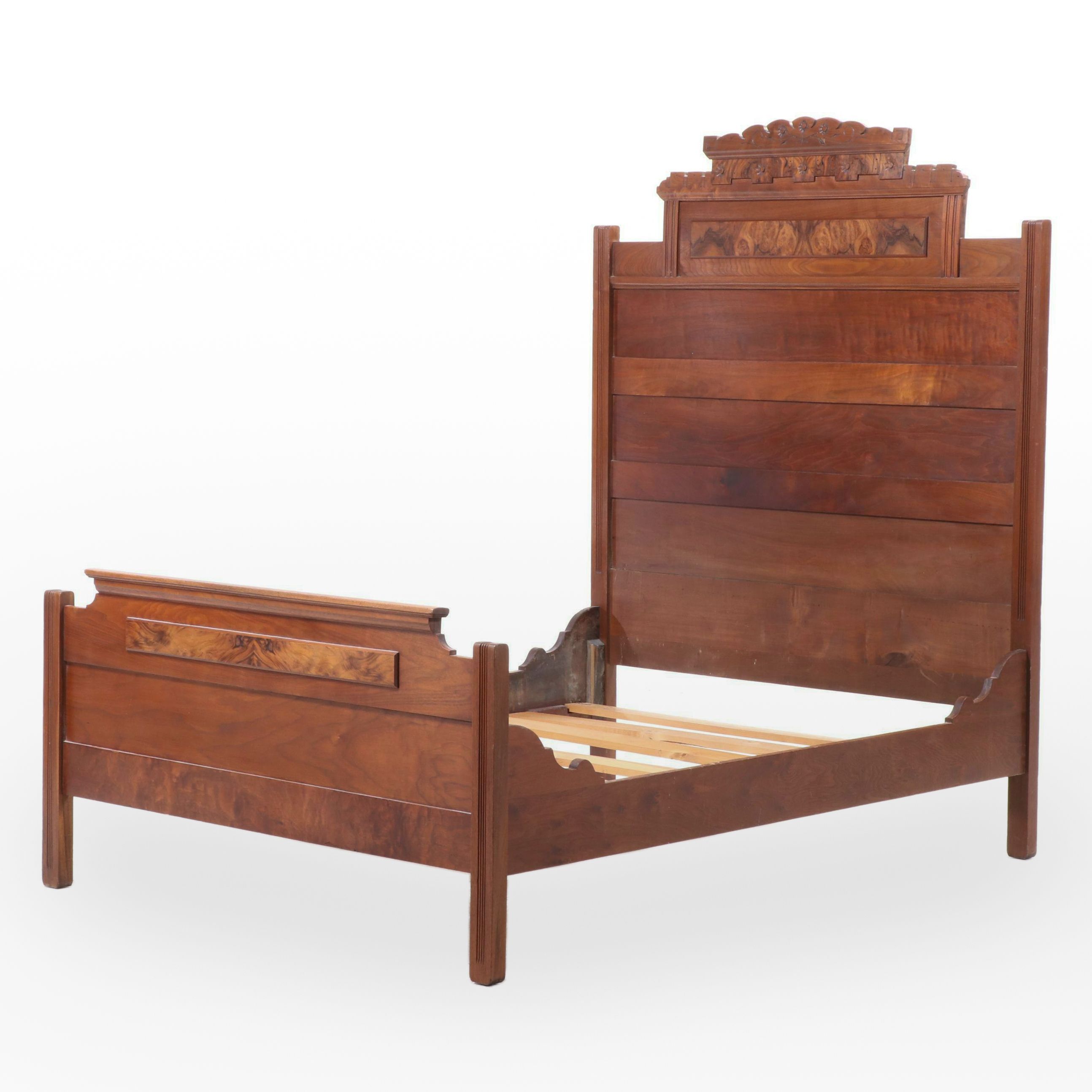 Victorian Walnut and Burl Walnut Full Size Bed Frame, Late 19th Century