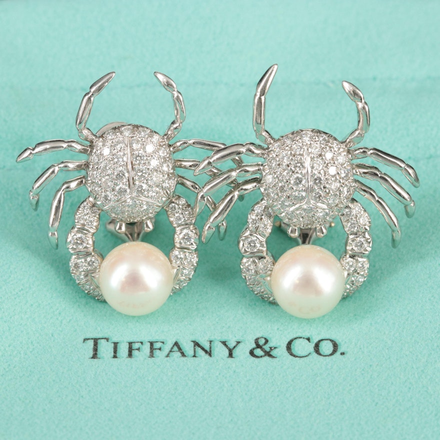 Tiffany & Co. Platinum 1.47 CTW Diamond and Pearl Crab Earrings