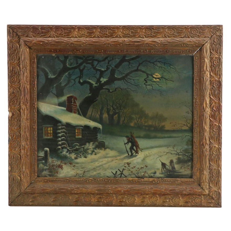 Chromolithograph of Nighttime Winter Landscape "The Backwoodsman's Christmas"