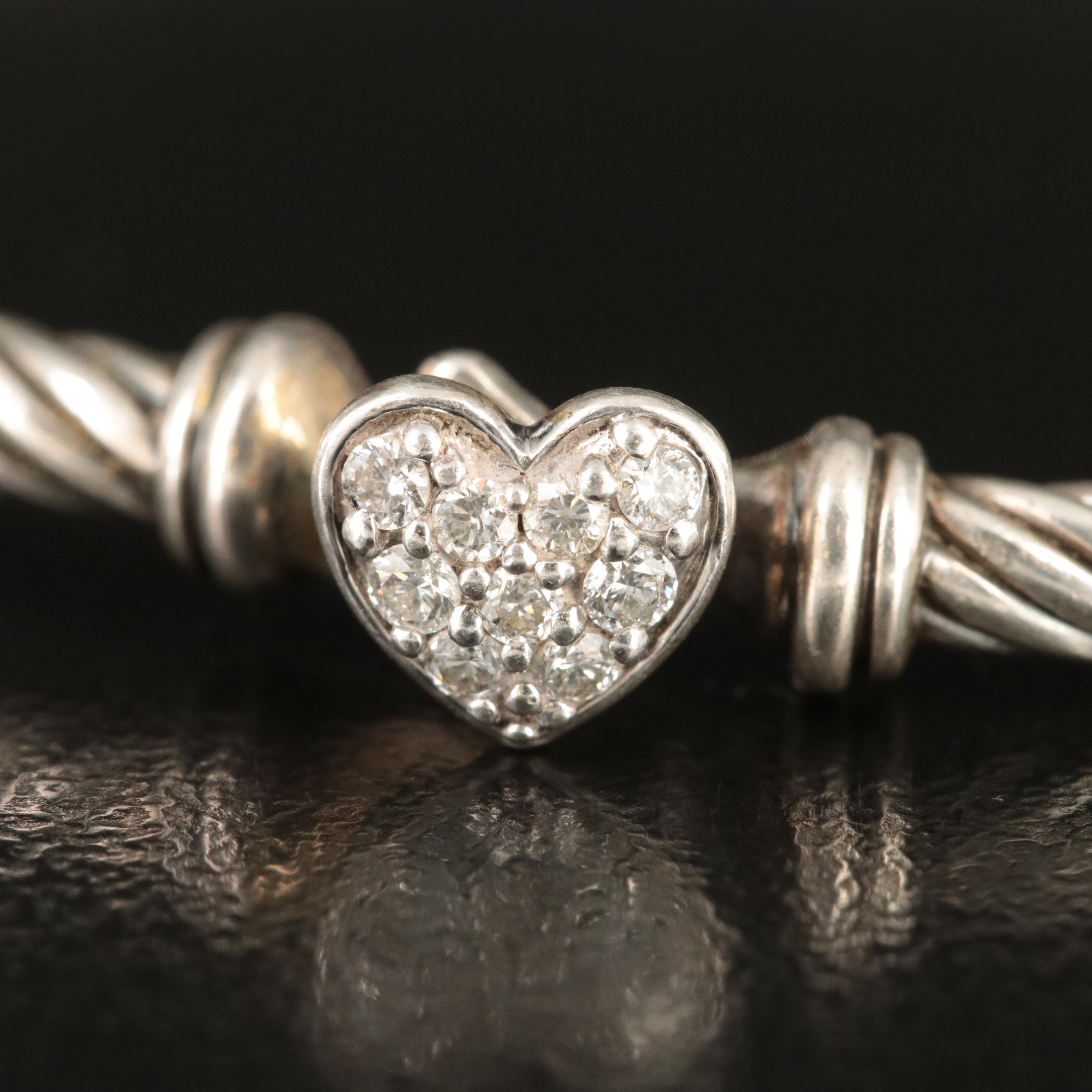 David Yurman Sterling Classic Cable Heart Diamond Station Bracelet