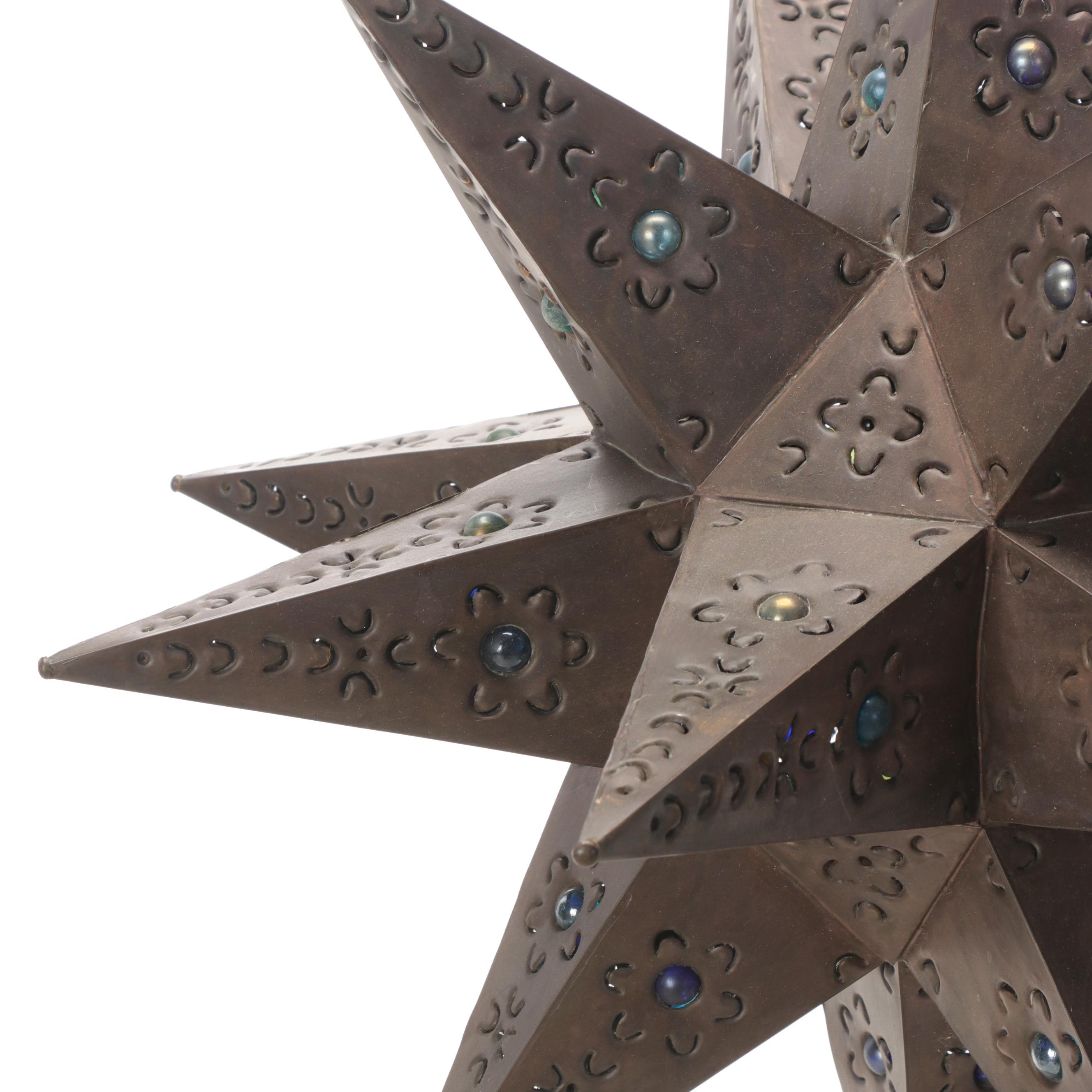 Pierced Tin Moravian Star Pendant Light with Inset Glass Marbles