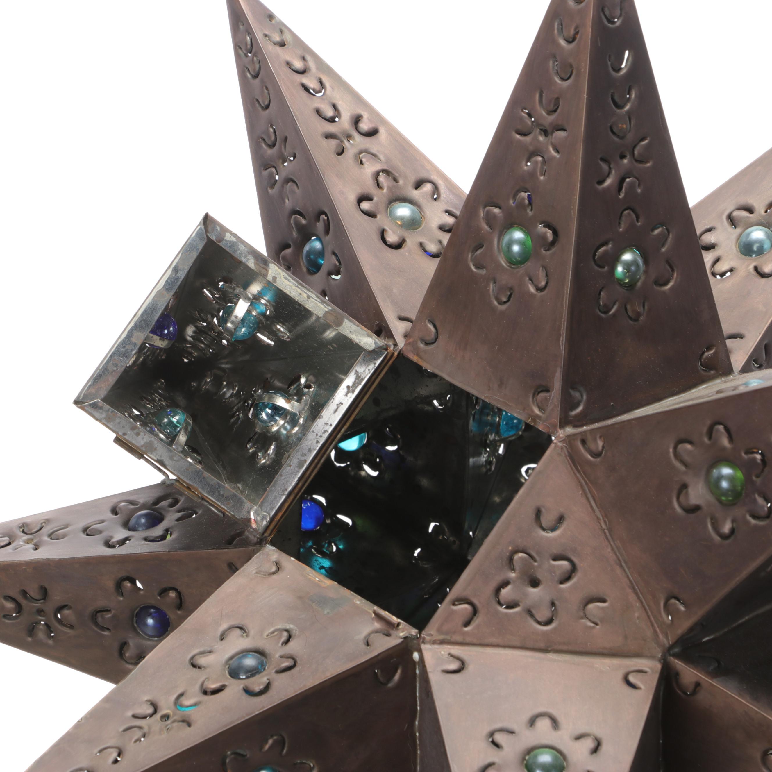 Pierced Tin Moravian Star Pendant Light with Inset Glass Marbles