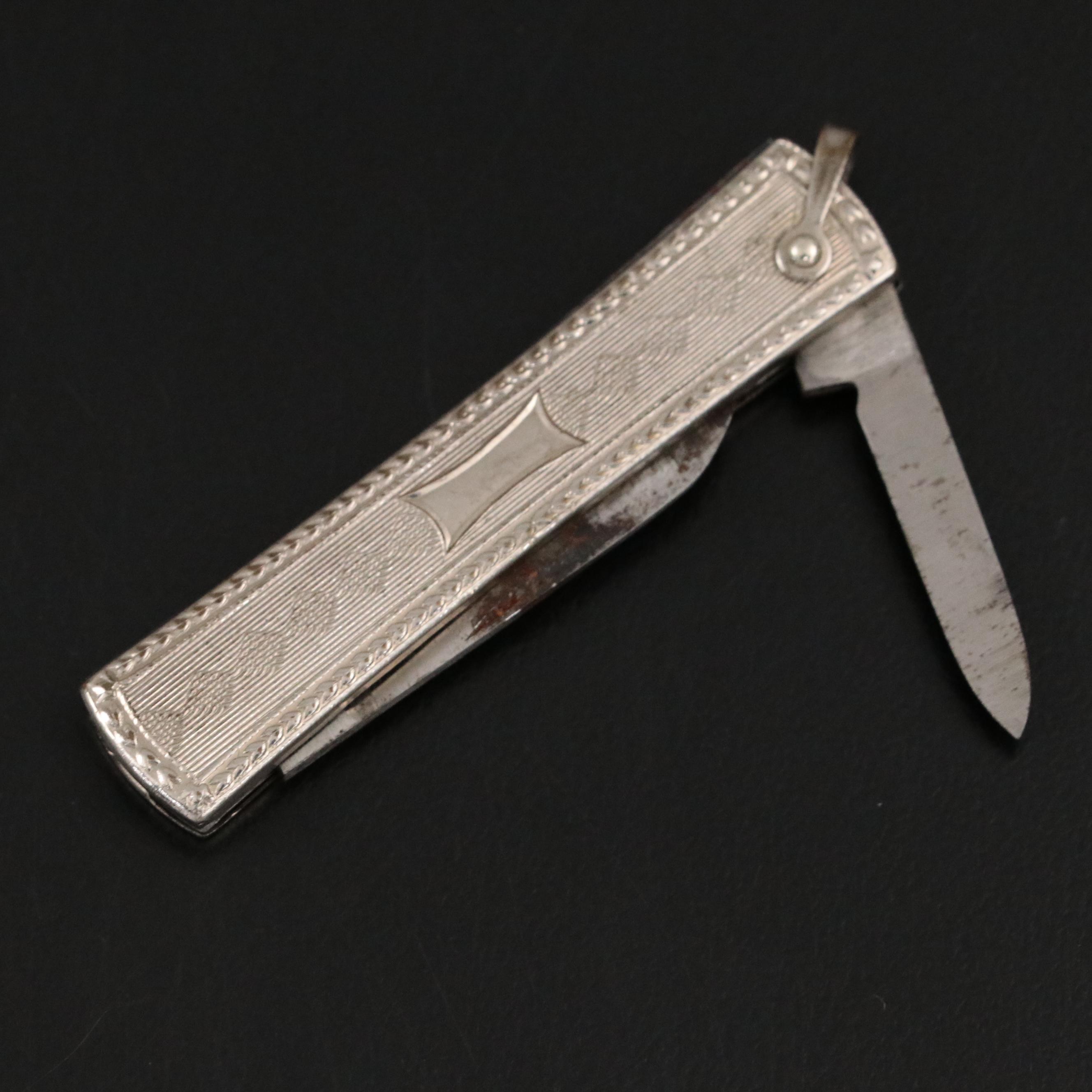 Art Deco Style Rolled Silver Tone Metal Pocket Knife