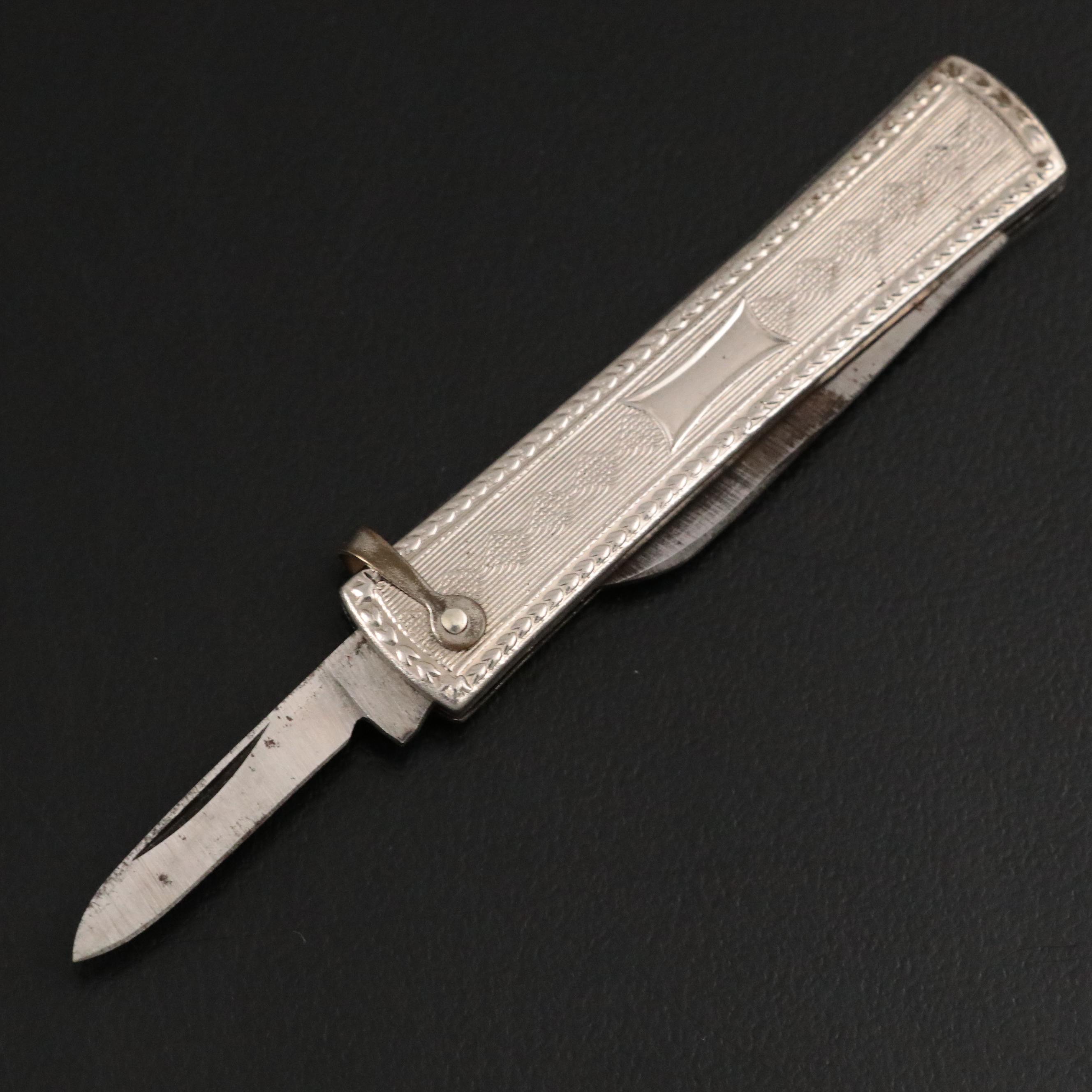 Art Deco Style Rolled Silver Tone Metal Pocket Knife
