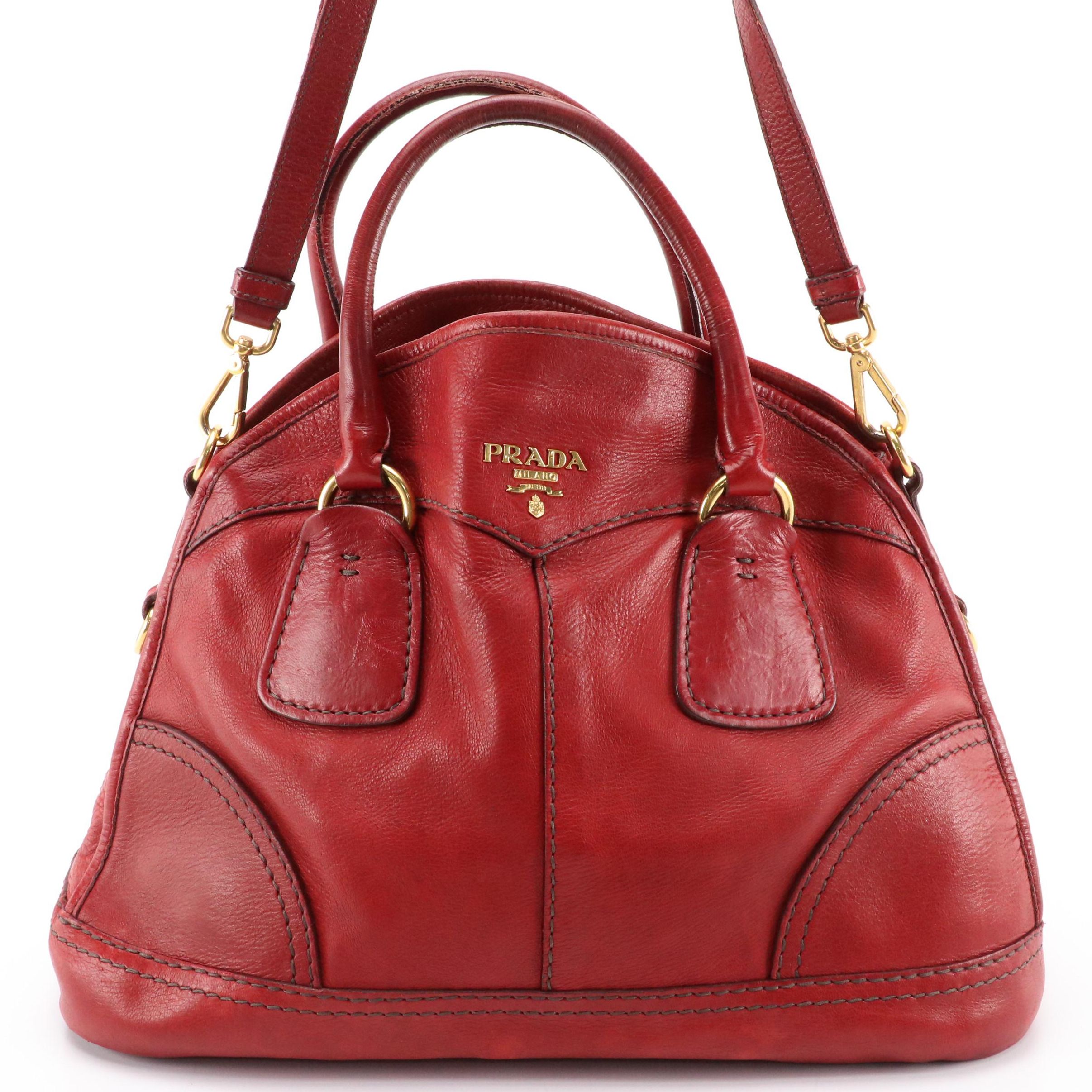 Prada Two-Way Shoulder Bag in Red Cervo Shine Leather
