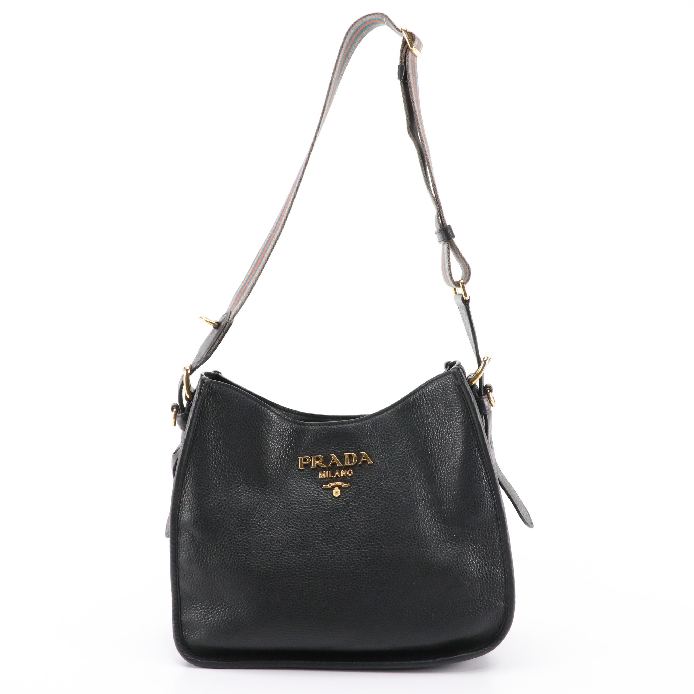 Prada Striped Strap Hobo Shoulder Bag in Black Vitello Daino Leather