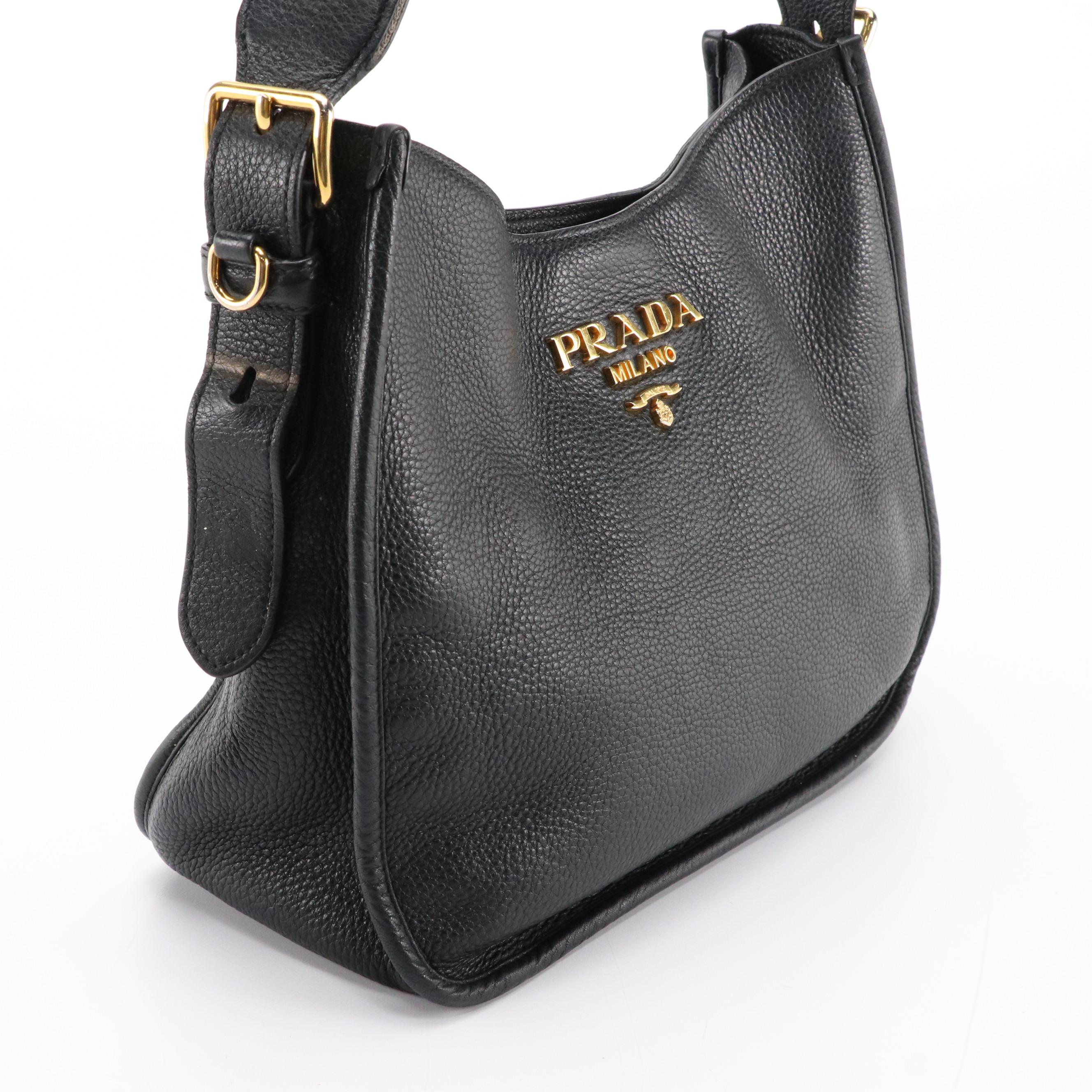 Prada Striped Strap Hobo Shoulder Bag in Black Vitello Daino Leather