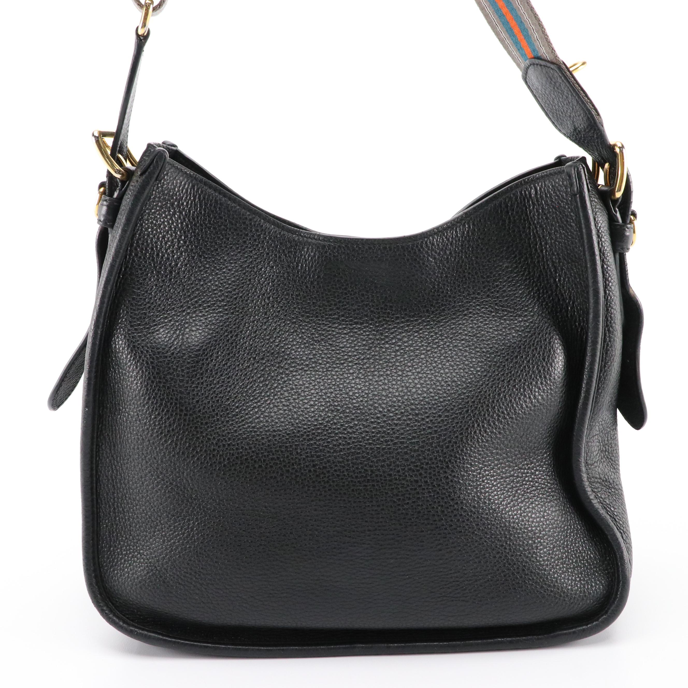 Prada Striped Strap Hobo Shoulder Bag in Black Vitello Daino Leather