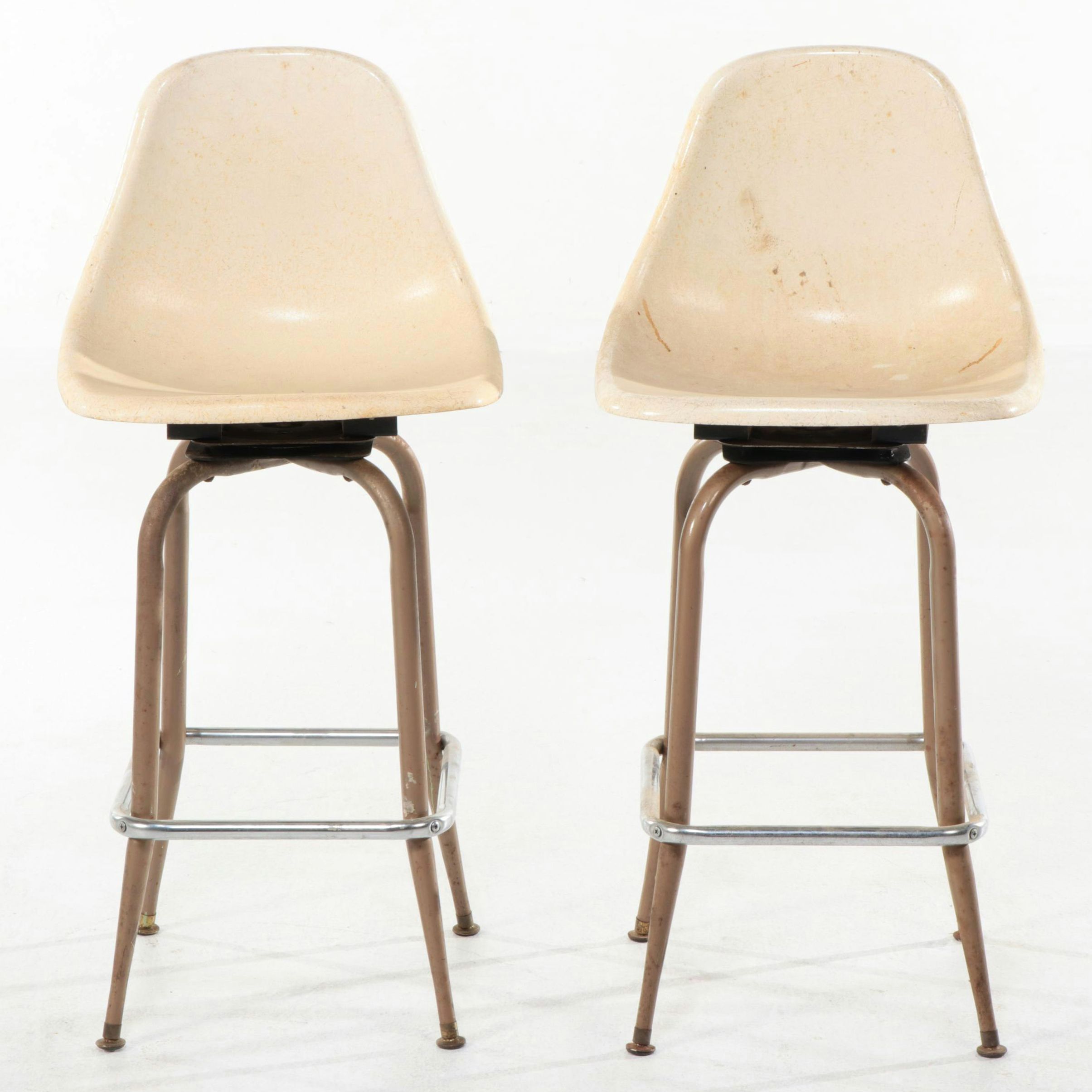 Pair of Mid Century Modern Steel and Fiberglass Shell Swivel Counter Stools