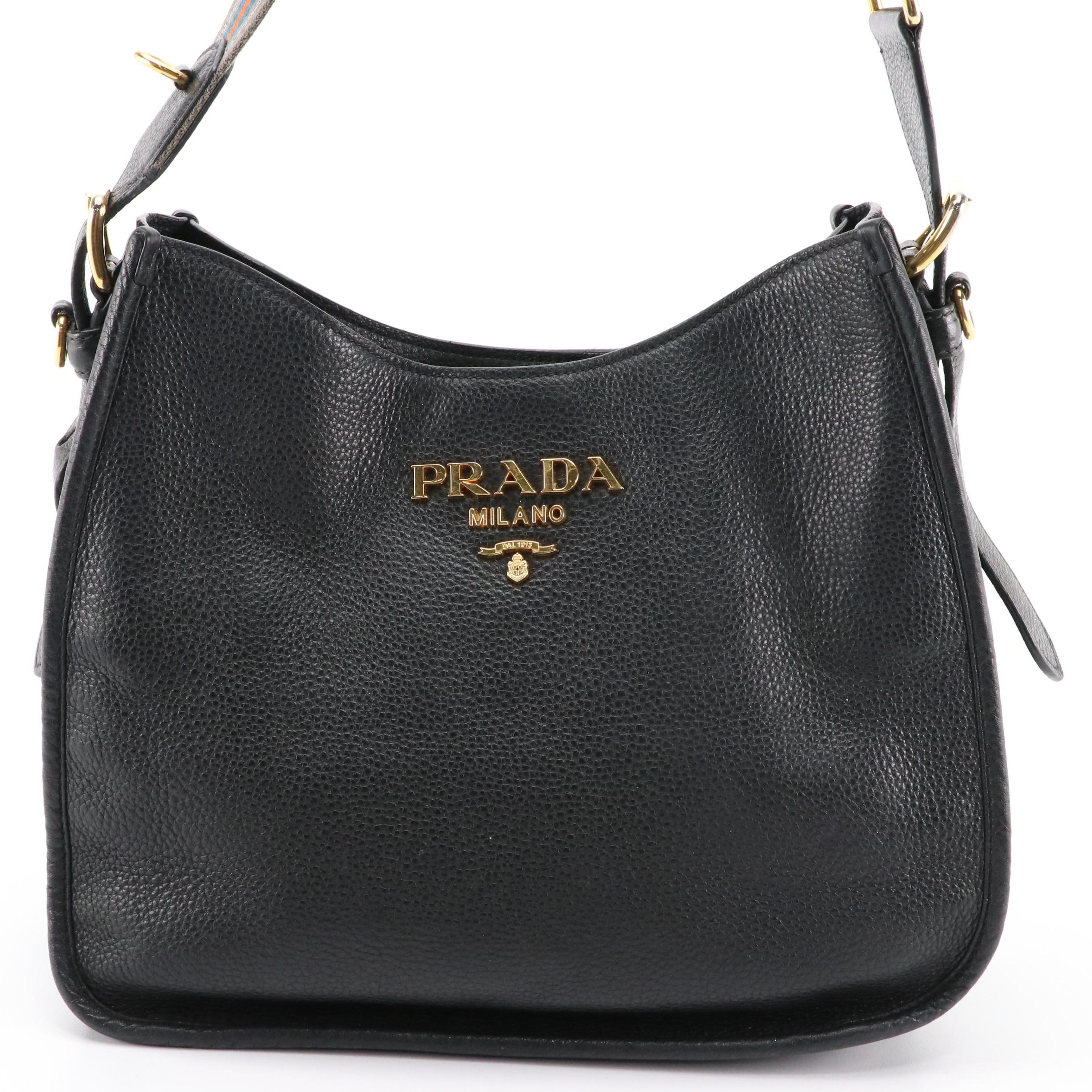 Prada Striped Strap Hobo Shoulder Bag in Black Vitello Daino Leather