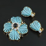 1950s West Germany Floral Brooch and Earrings Set Including Rhinestones