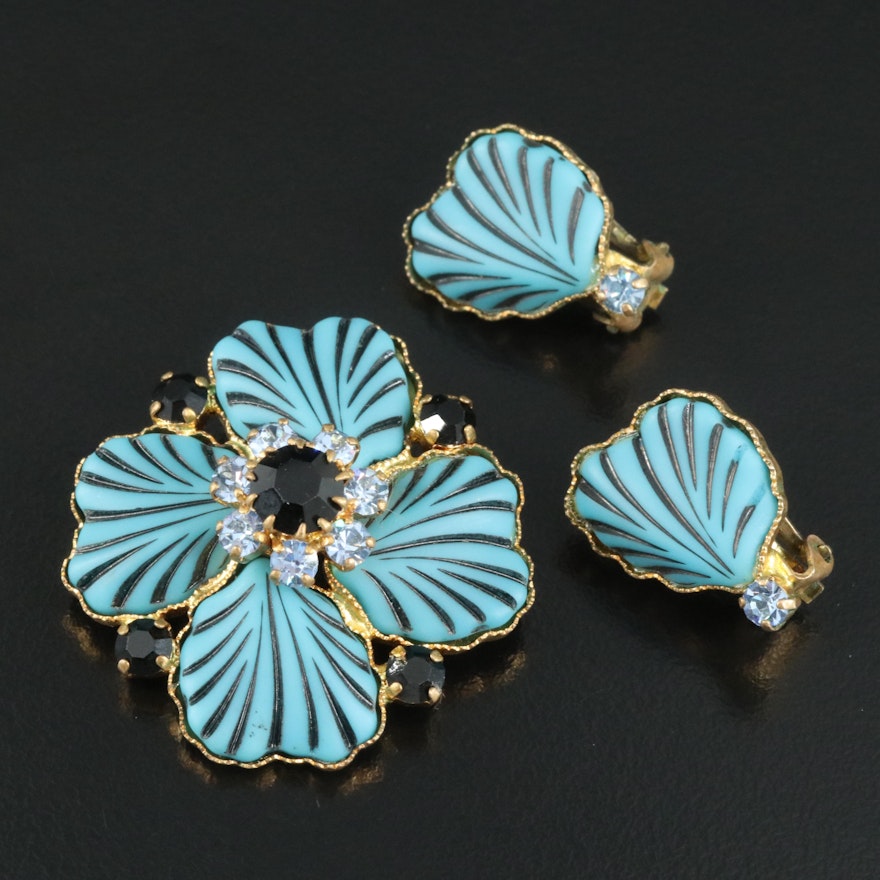 1950s West Germany Floral Brooch and Earrings Set Including Rhinestones