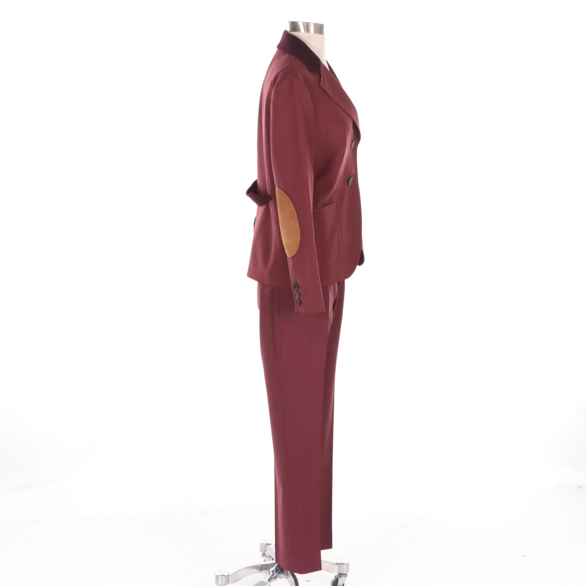 Prada Wool Two-Button Pantsuit with Suede Elbow Patches and Corduroy Trim
