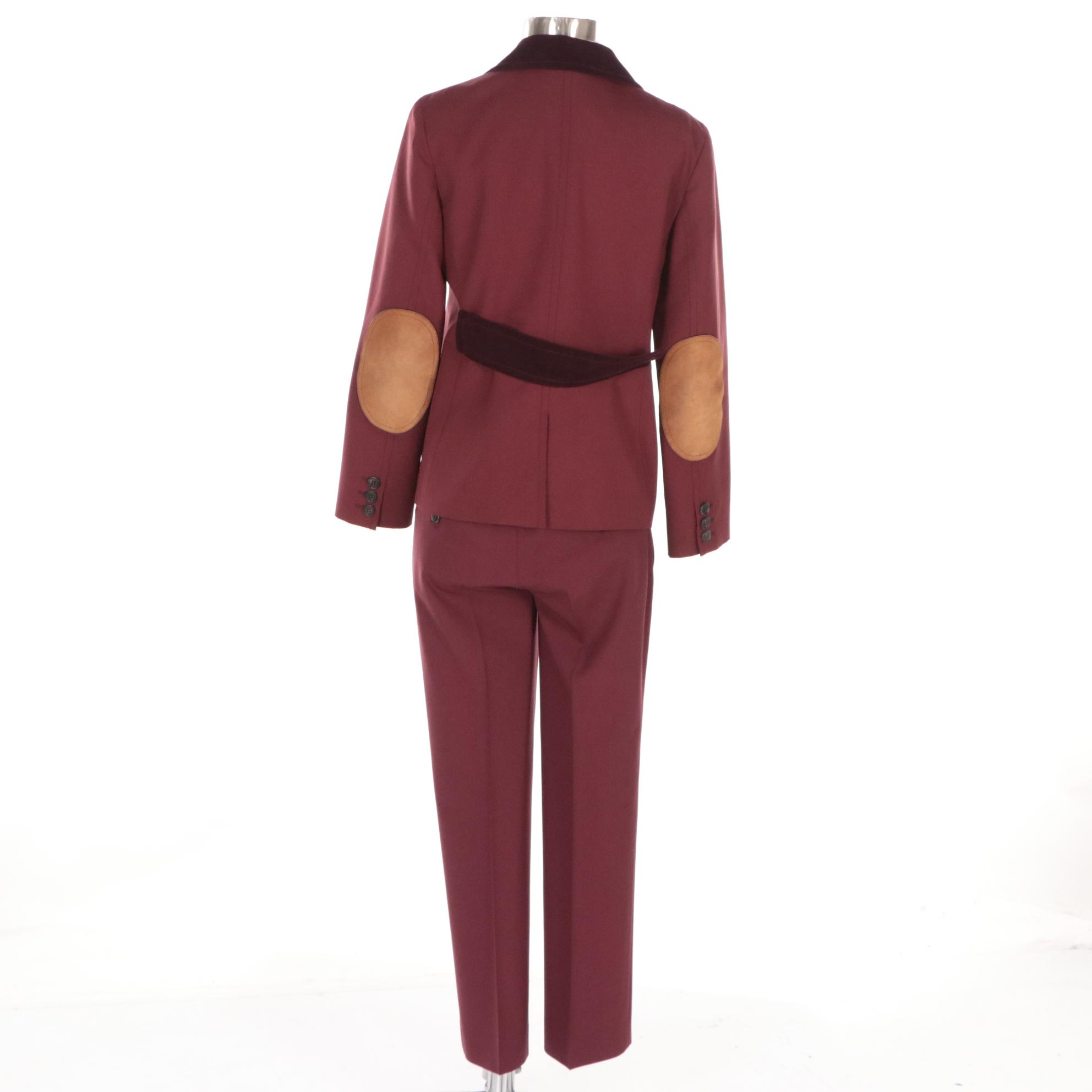 Prada Wool Two-Button Pantsuit with Suede Elbow Patches and Corduroy Trim