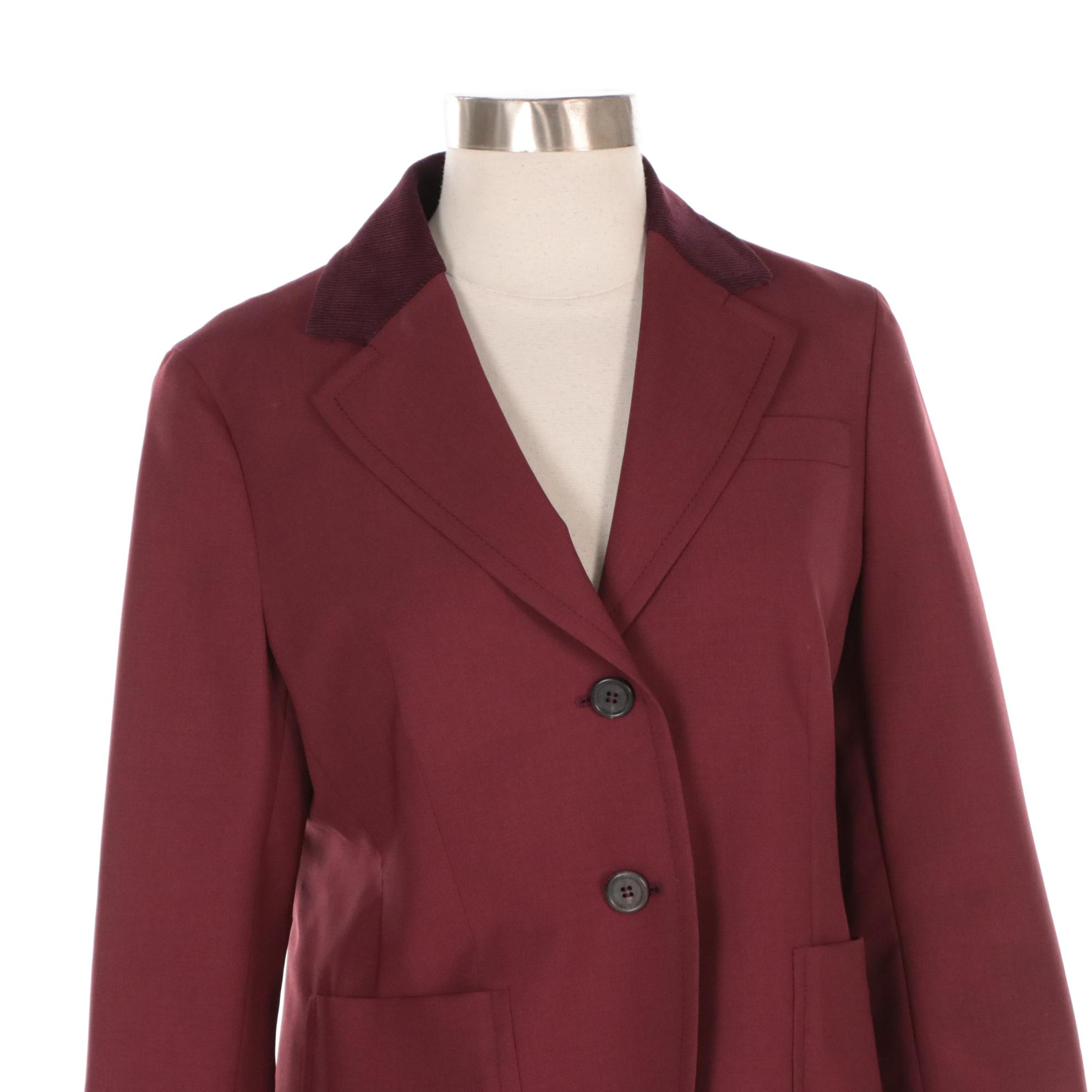 Prada Wool Two-Button Pantsuit with Suede Elbow Patches and Corduroy Trim