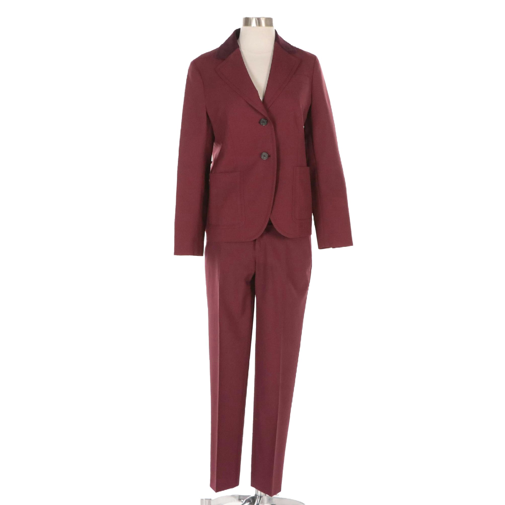 Prada Wool Two-Button Pantsuit with Suede Elbow Patches and Corduroy Trim